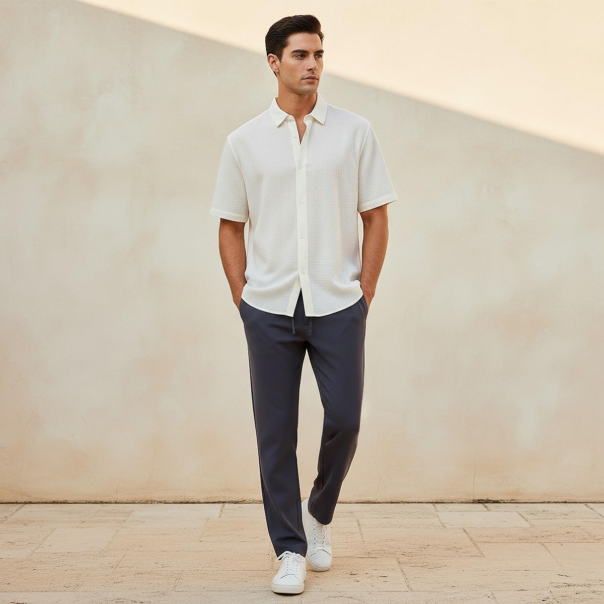 Men Regular Fit Collared Textured Short Sleeves Shirt-men-clothing-shirts-image-3