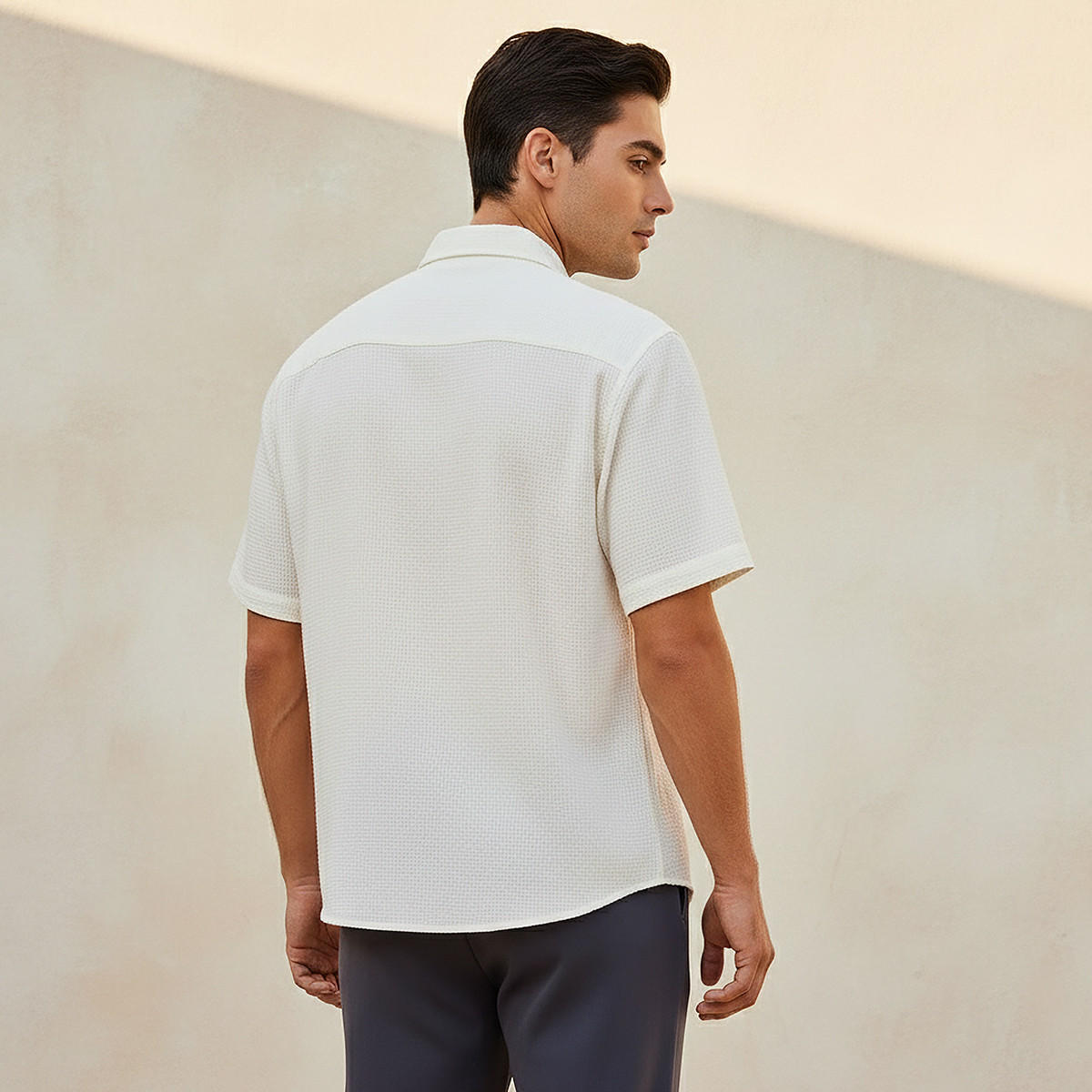 Men Regular Fit Collared Textured Short Sleeves Shirt-men-clothing-shirts-image-4
