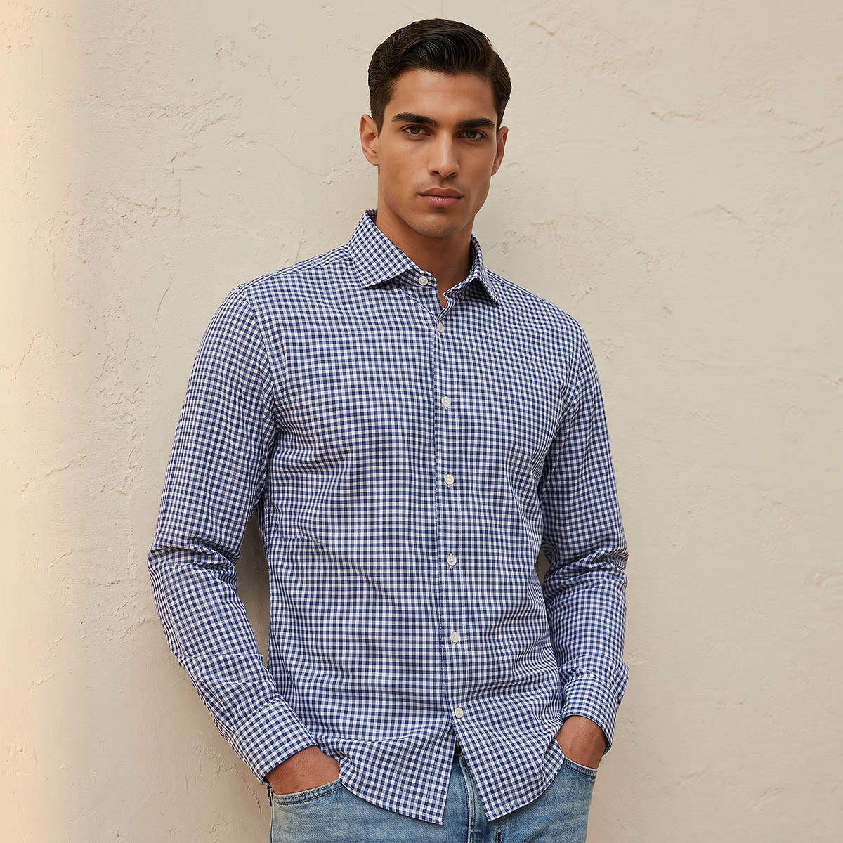 قميص كاروهات بياقة بأزرار وأكمام طويلة وقصة عادية للرجال-men-clothing-shirts-image-1