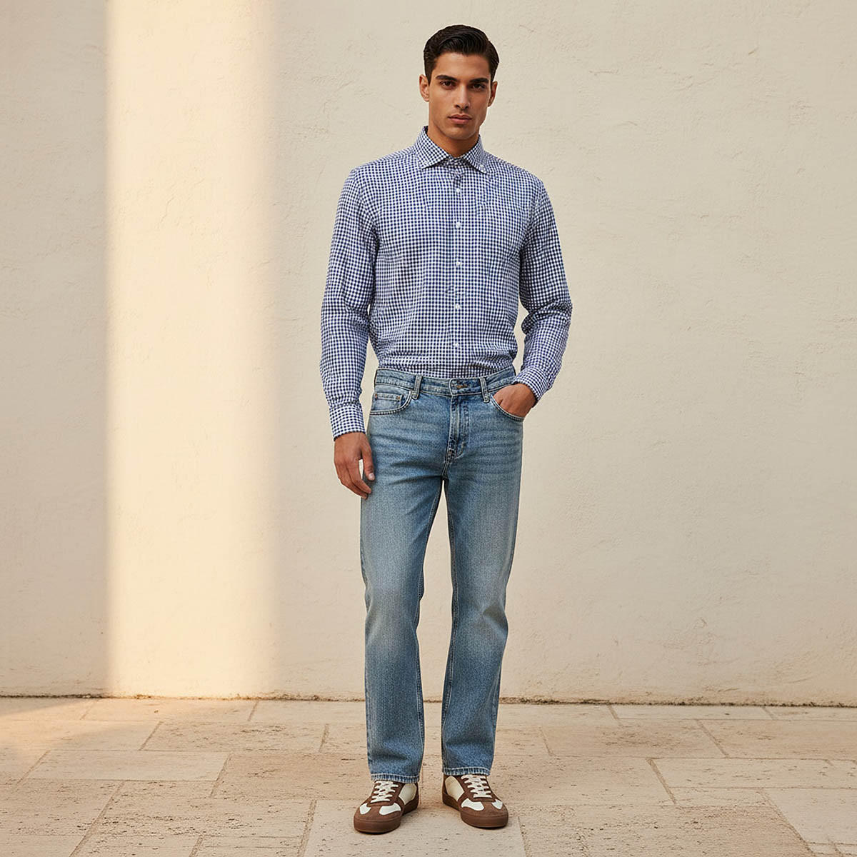 قميص كاروهات بياقة بأزرار وأكمام طويلة وقصة عادية للرجال-men-clothing-shirts-image-3