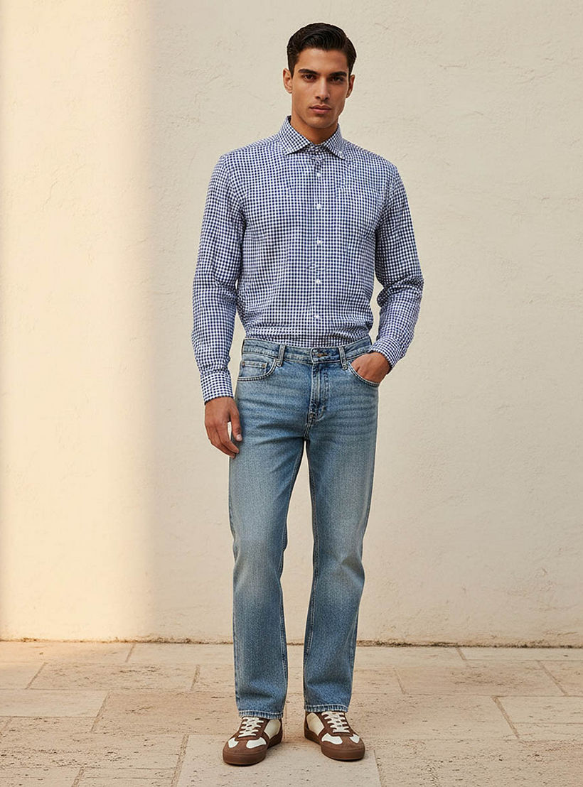 قميص كاروهات بياقة بأزرار وأكمام طويلة وقصة عادية للرجال-men-clothing-shirts-image-3