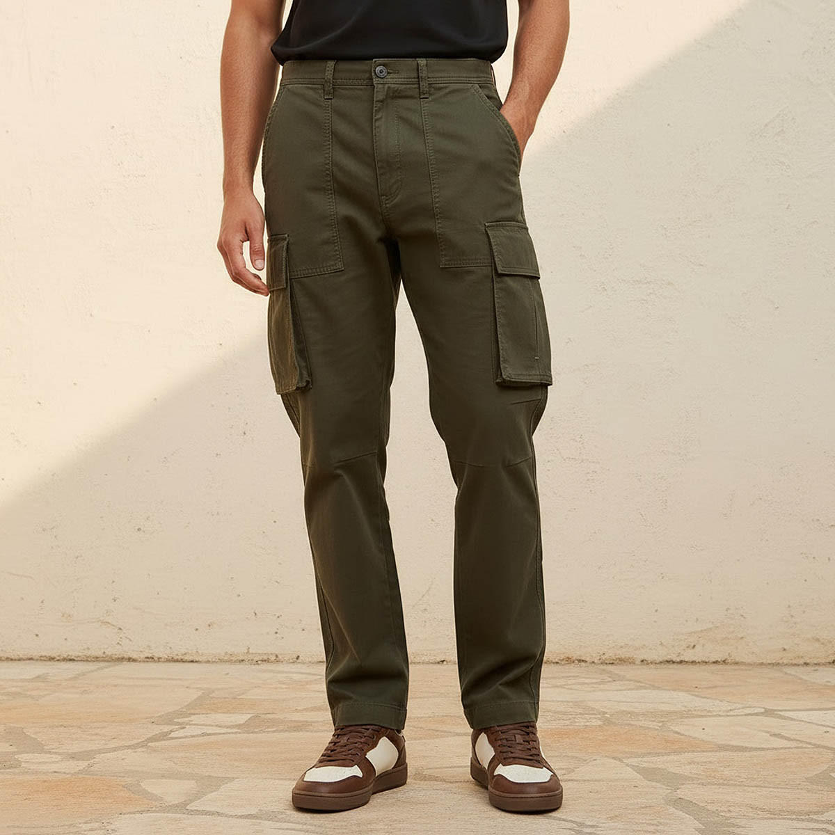 Men Regular Fit Twill Cargo Trousers-men-clothing-bottoms-trousersandchinos-trousers-image-1