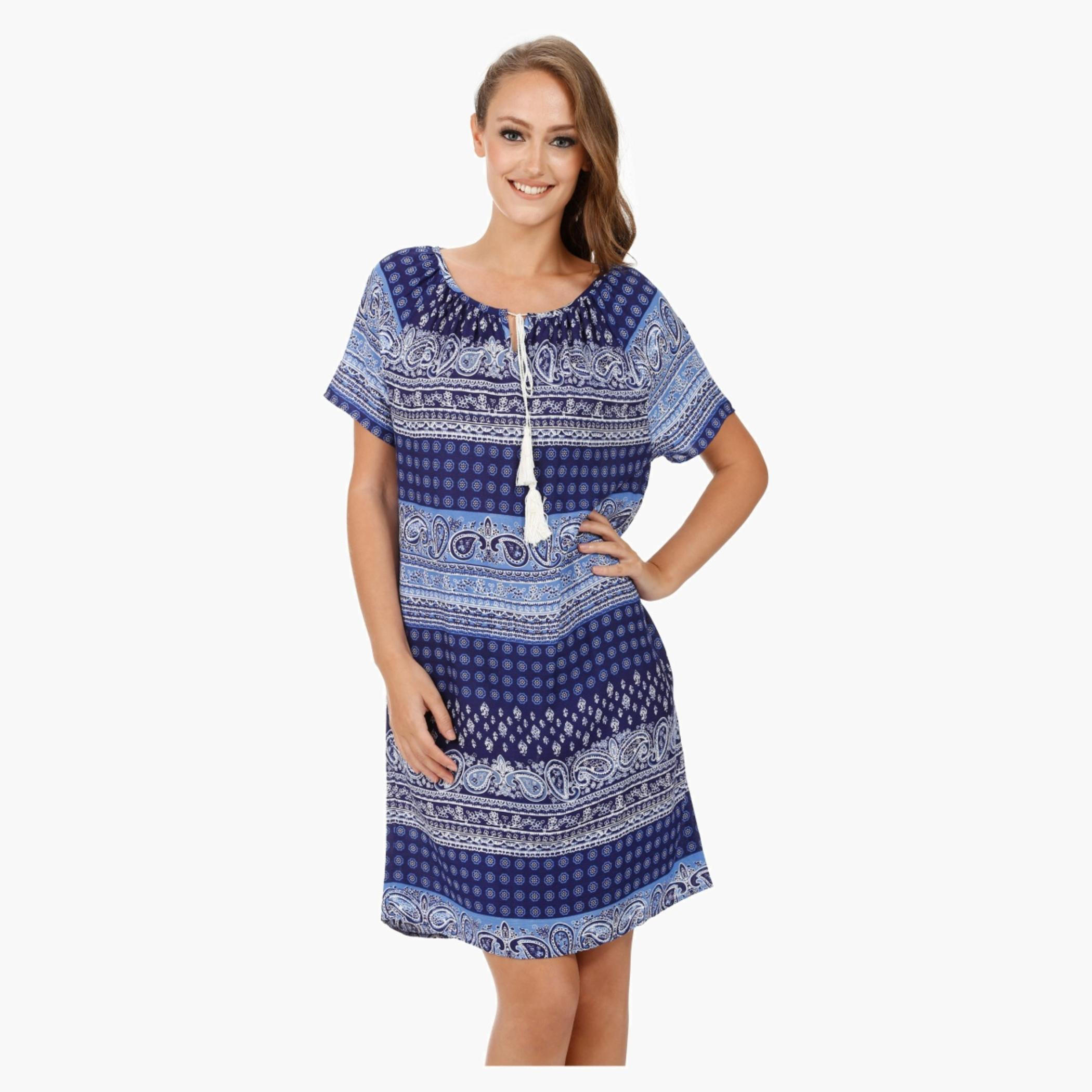Printed Dress with Scoop Neck and Short Sleeves-women-clothing-dresses-image-1