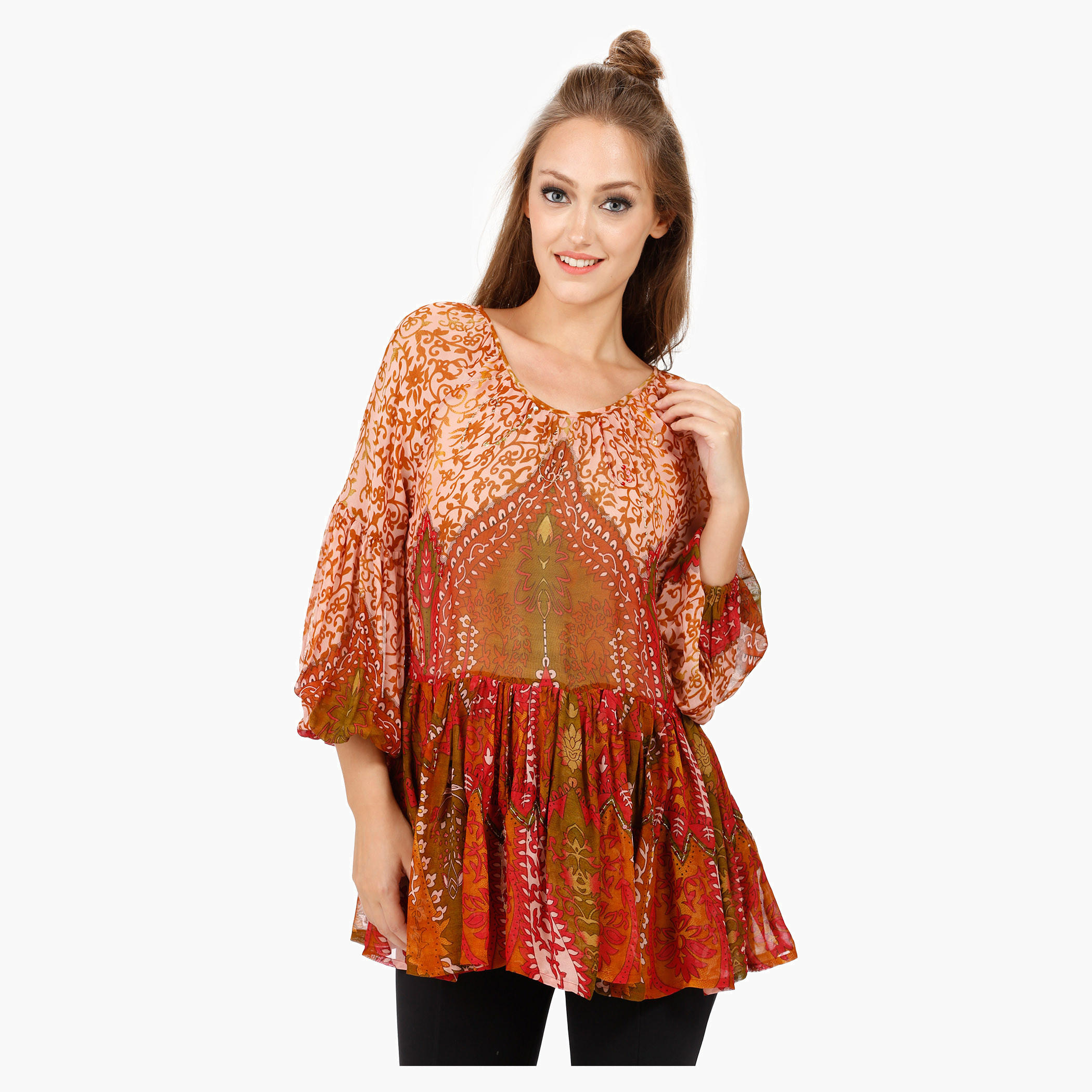Printed Blouse with Scoop Neck and Long Sleeves-women-clothing-shirtsandblouses-blouses-image-1