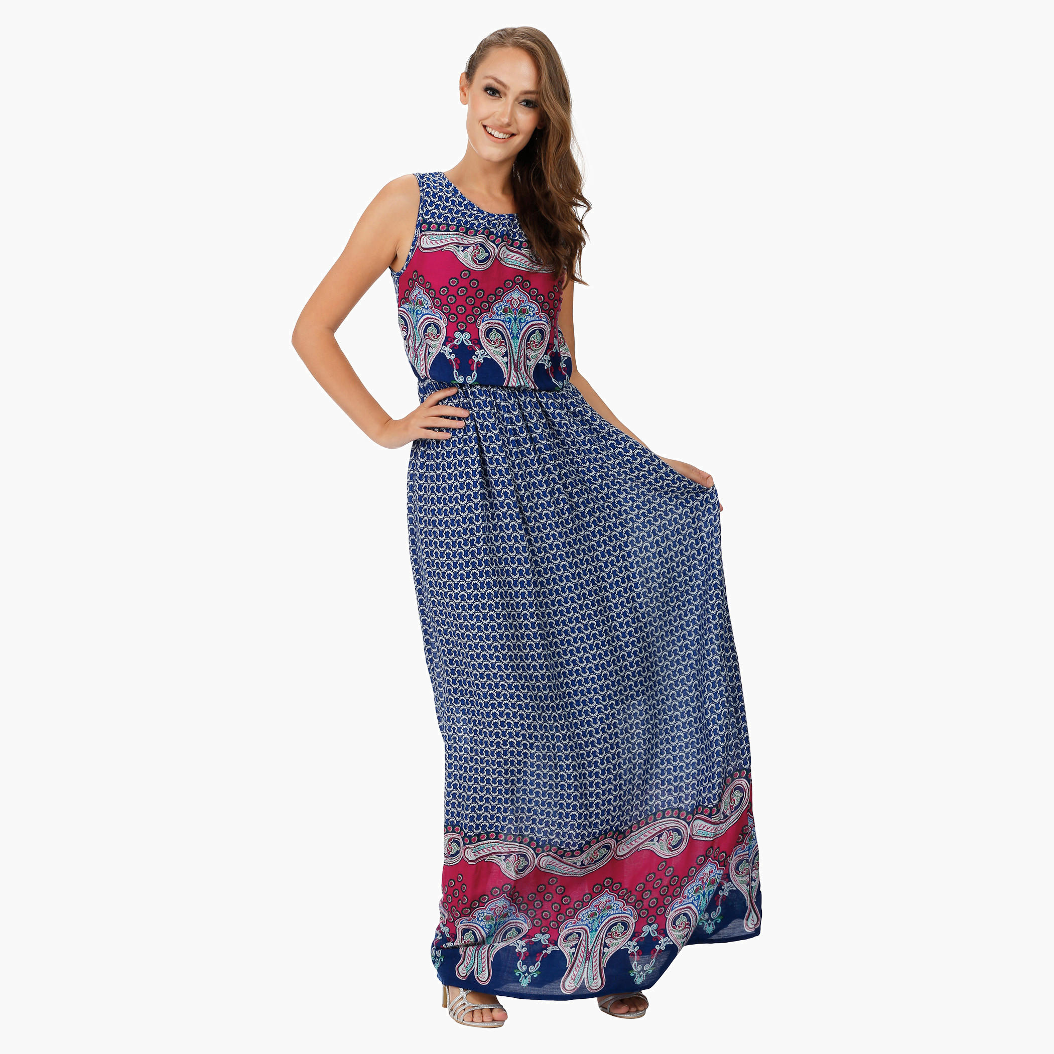 Sleeveless Dress with Boat Neck and Paisley Border print-women-clothing-dresses-image-1