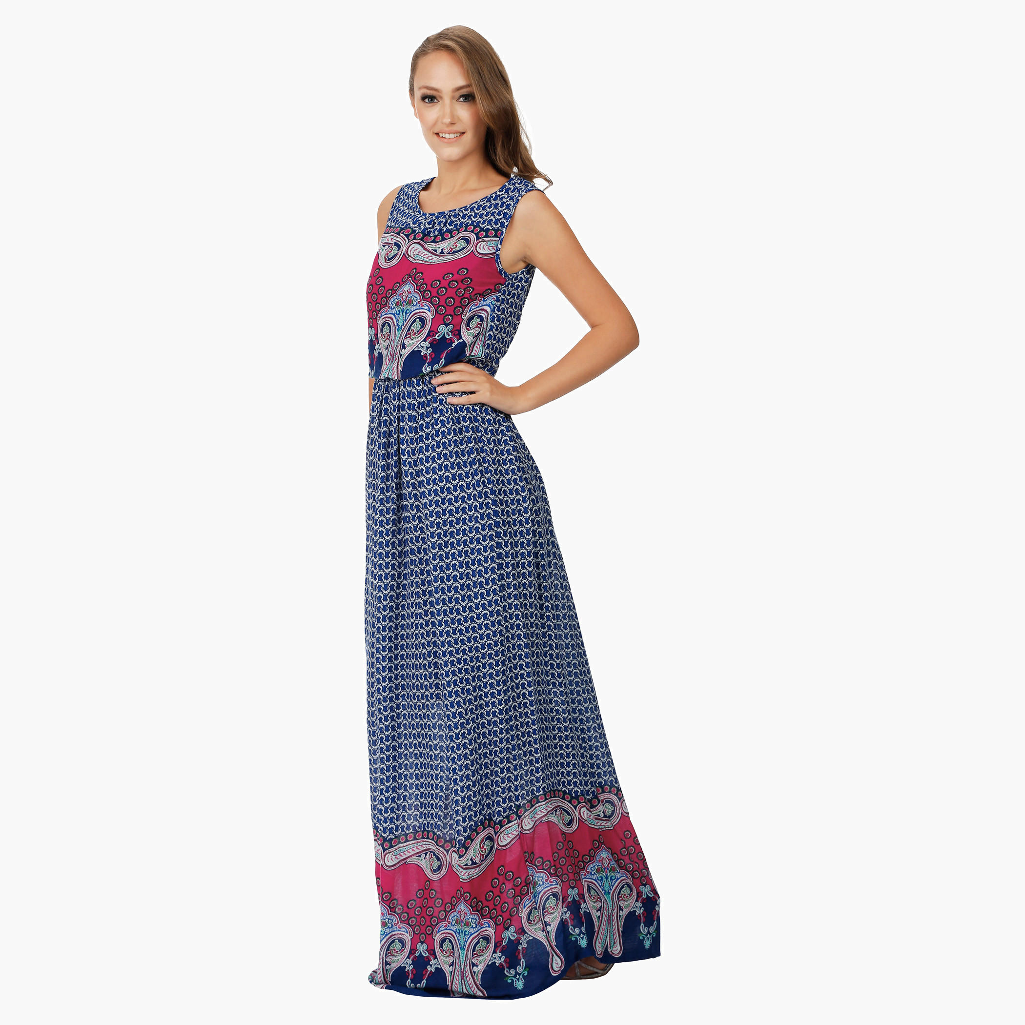 Sleeveless Dress with Boat Neck and Paisley Border print-women-clothing-dresses-image-3