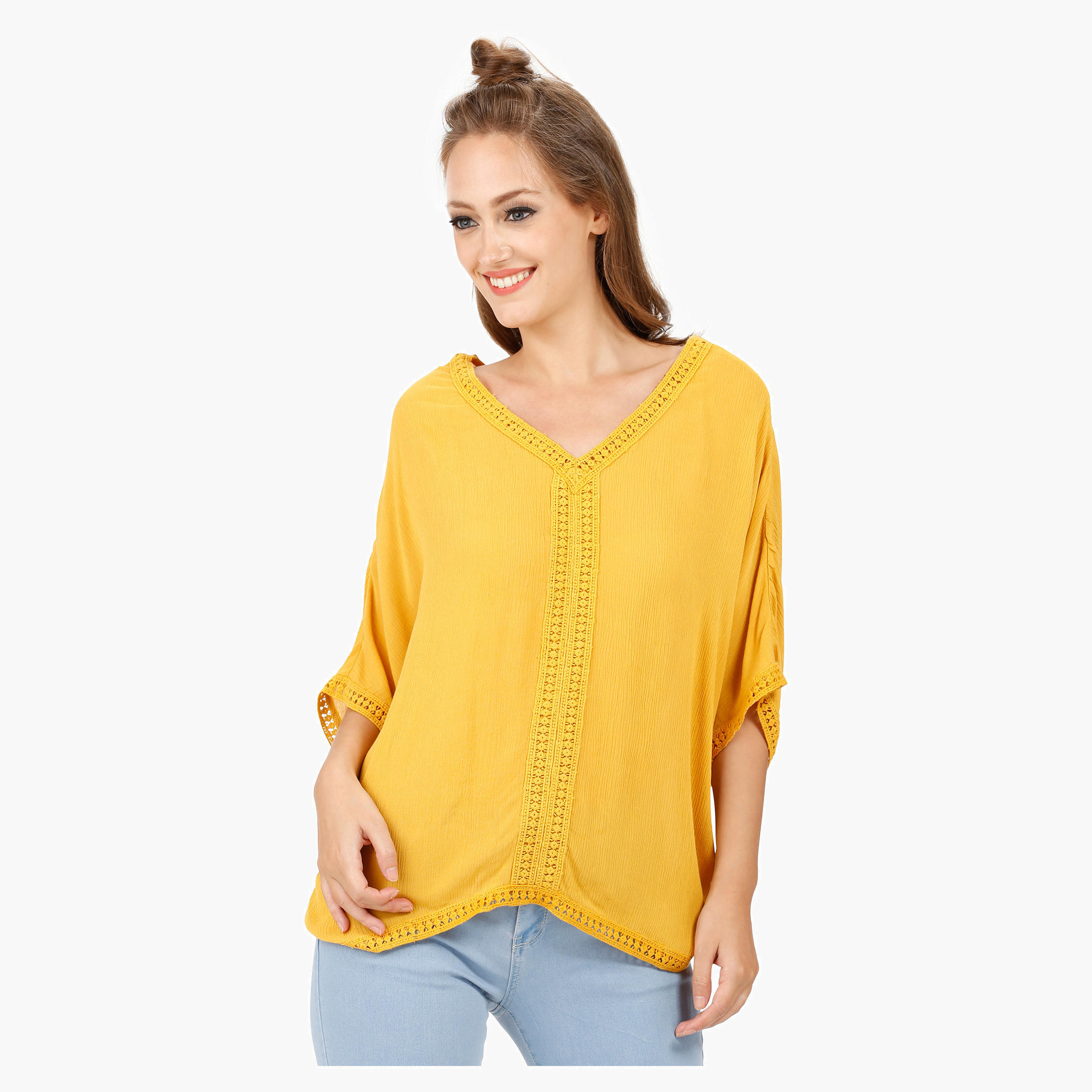 Lace Inset V-Neck Blouse with Flared Sleeves-women-clothing-shirtsandblouses-blouses-image-1