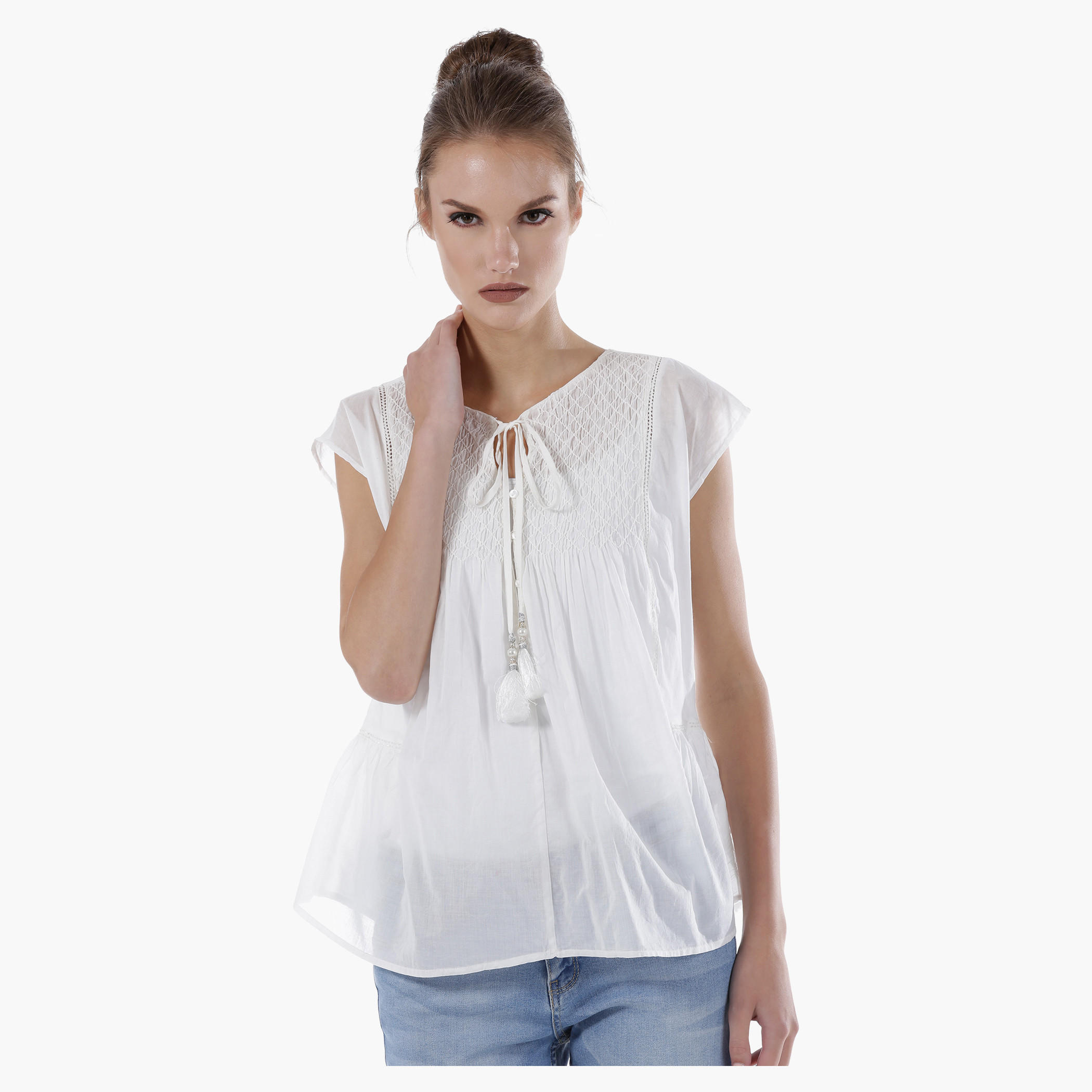 Tie-up Neck Cap Sleeves Top-women-clothing-shirtsandblouses-blouses-image-5