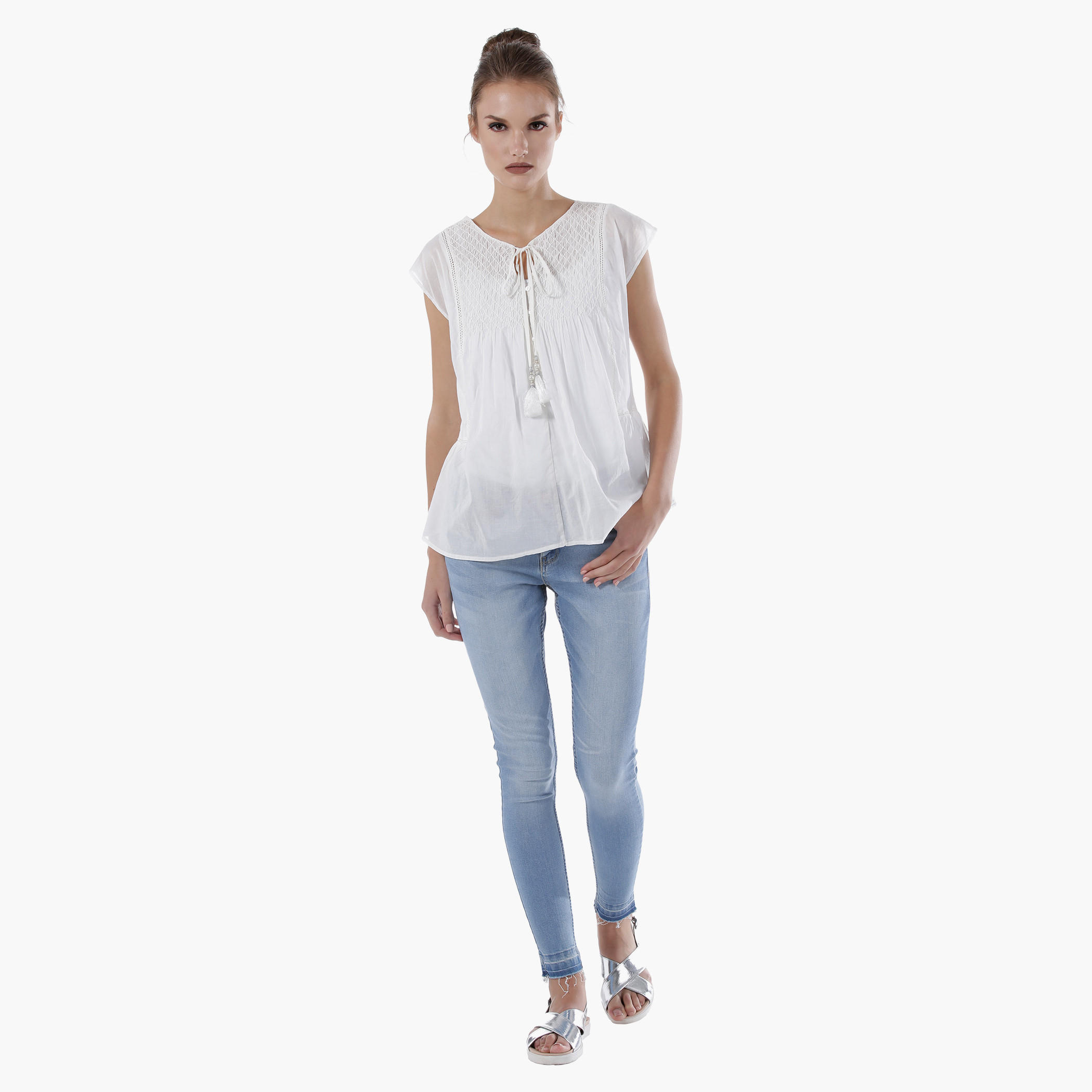Tie-up Neck Cap Sleeves Top-women-clothing-shirtsandblouses-blouses-image-1