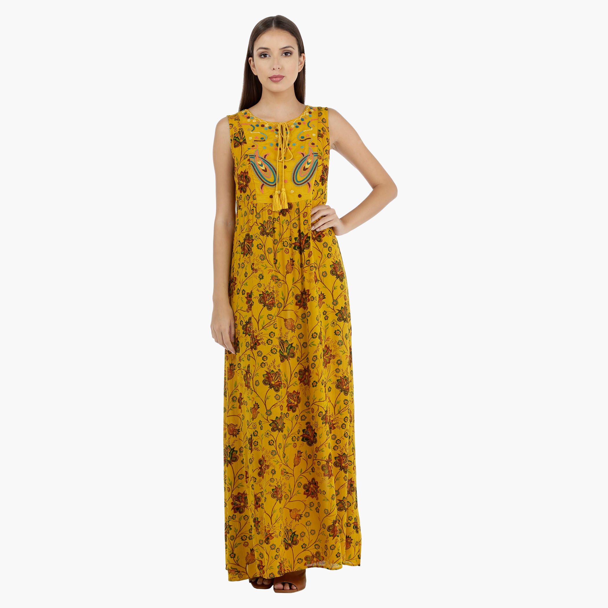 Floral Print Maxi Dress with Tie Ups at Neck-women-clothing-dresses-image-1