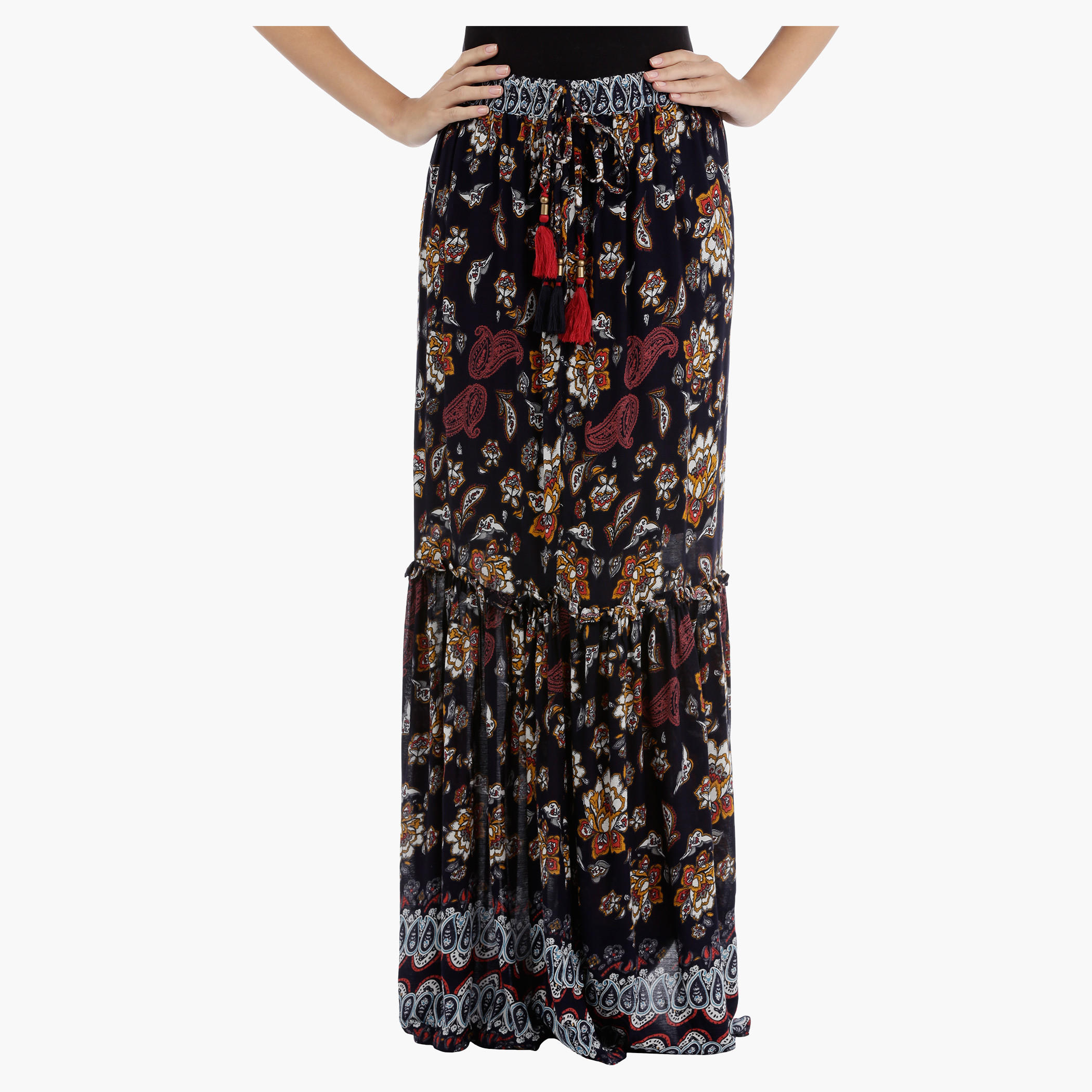 Printed Maxi Skirt with Tie Ups and Tassels-women-clothing-bottoms-skirts-image-1