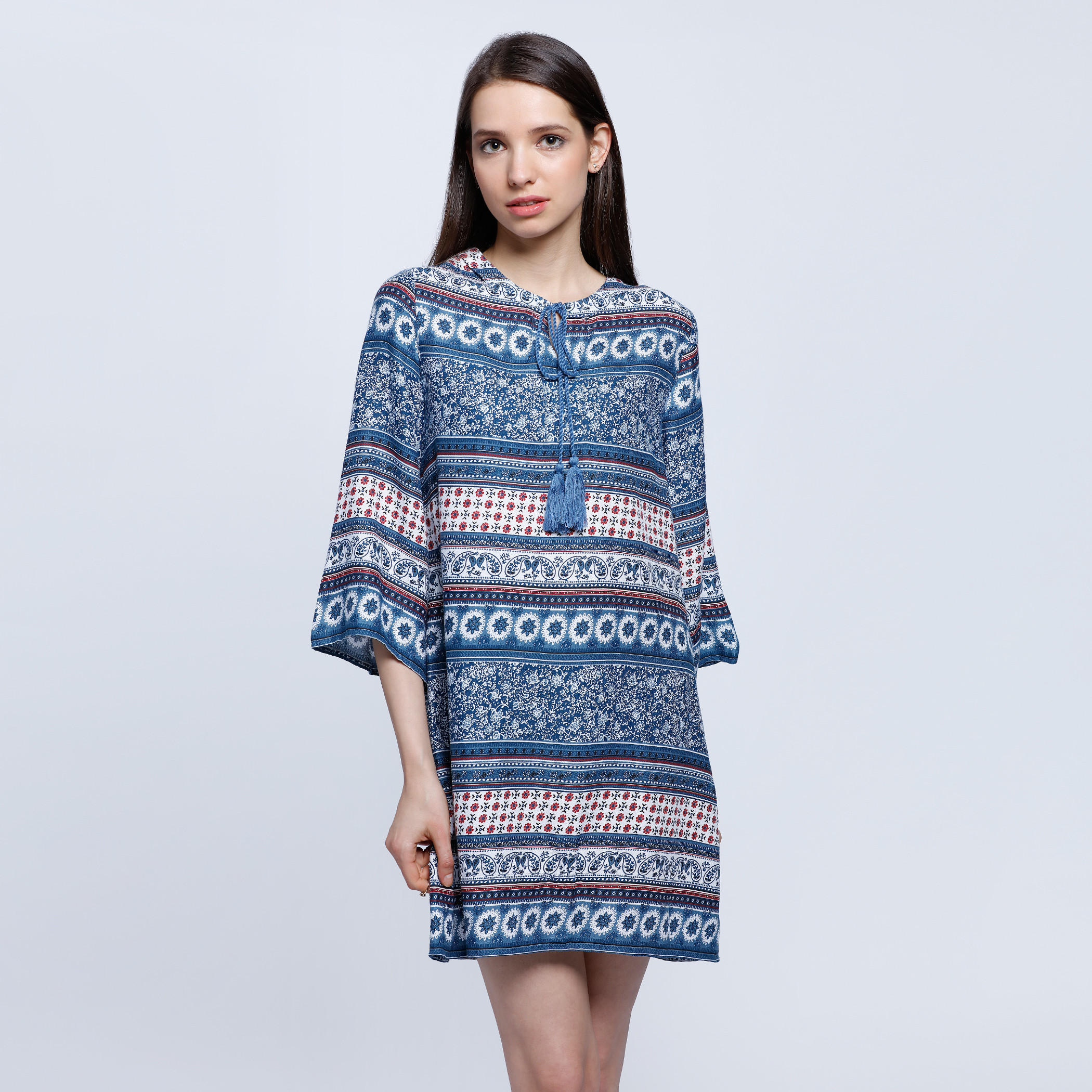 Printed Top with 3/4 Sleeves and Drawstring Detail-women-clothing-shirtsandblouses-blouses-image-1