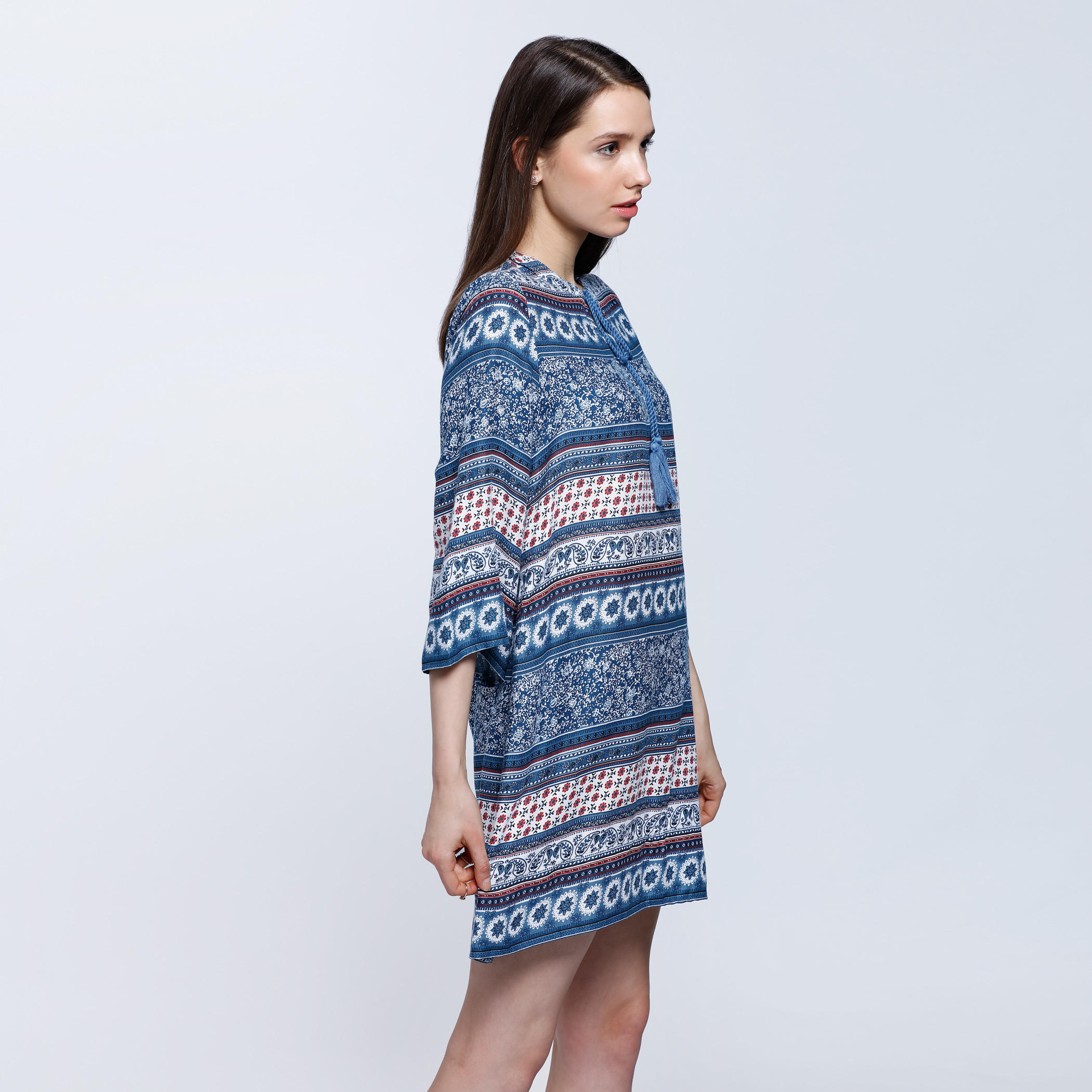 Printed Top with 3/4 Sleeves and Drawstring Detail-women-clothing-shirtsandblouses-blouses-image-3