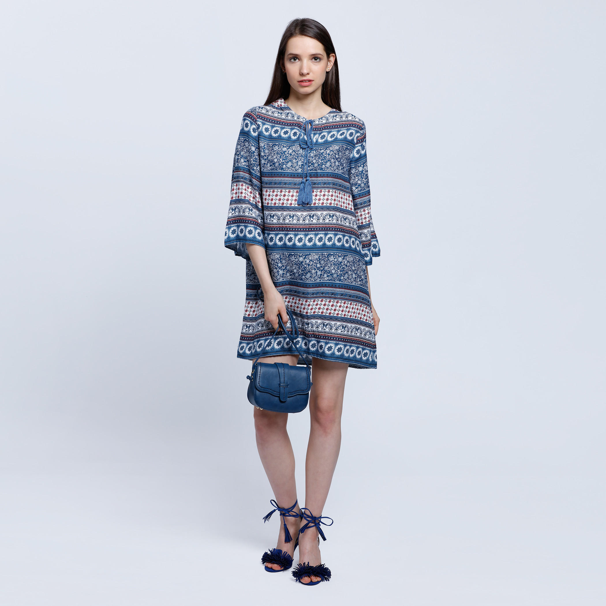 Printed Top with 3/4 Sleeves and Drawstring Detail-women-clothing-shirtsandblouses-blouses-image-5