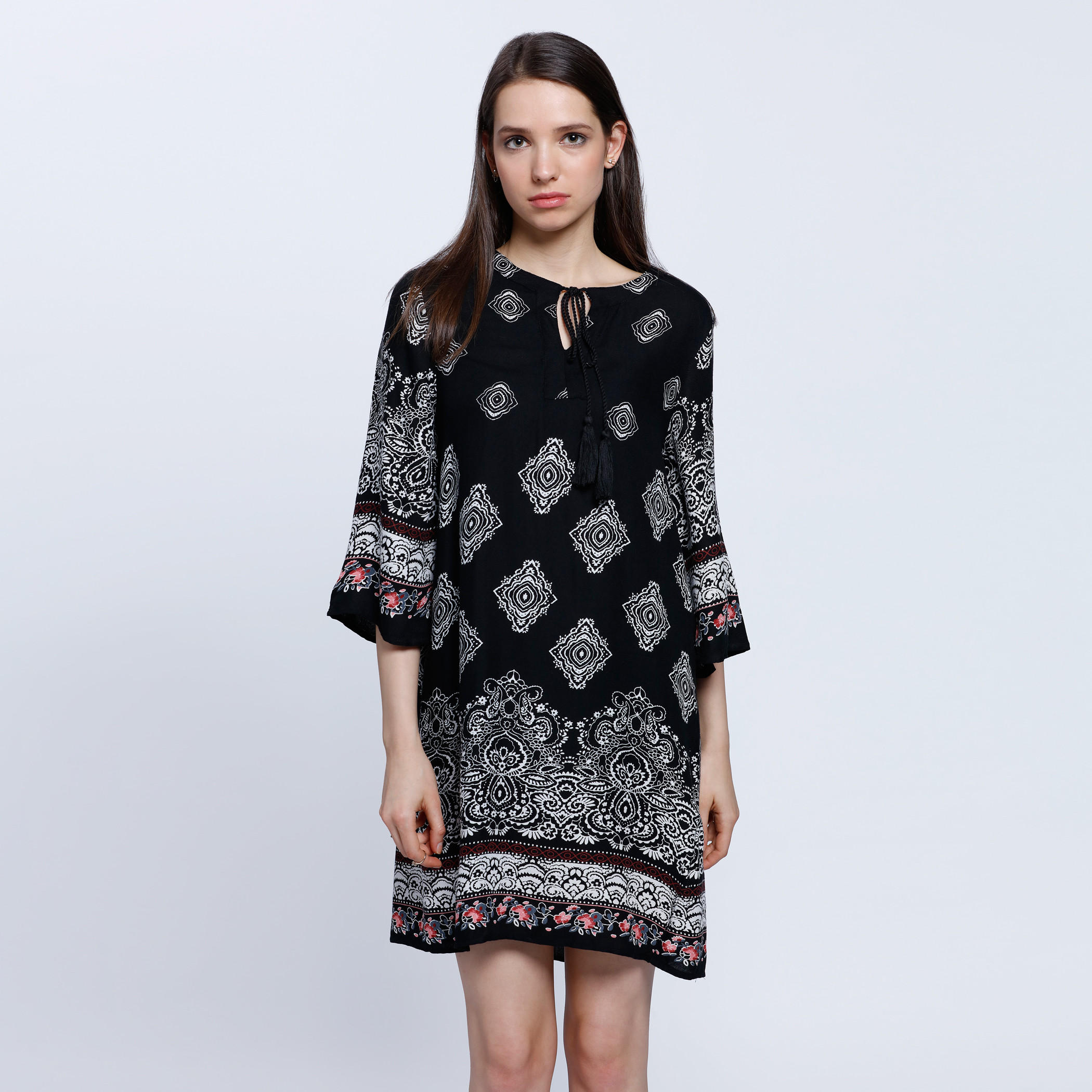 Printed Top with 3/4 Sleeves and Drawstring Detail-women-clothing-shirtsandblouses-blouses-image-1