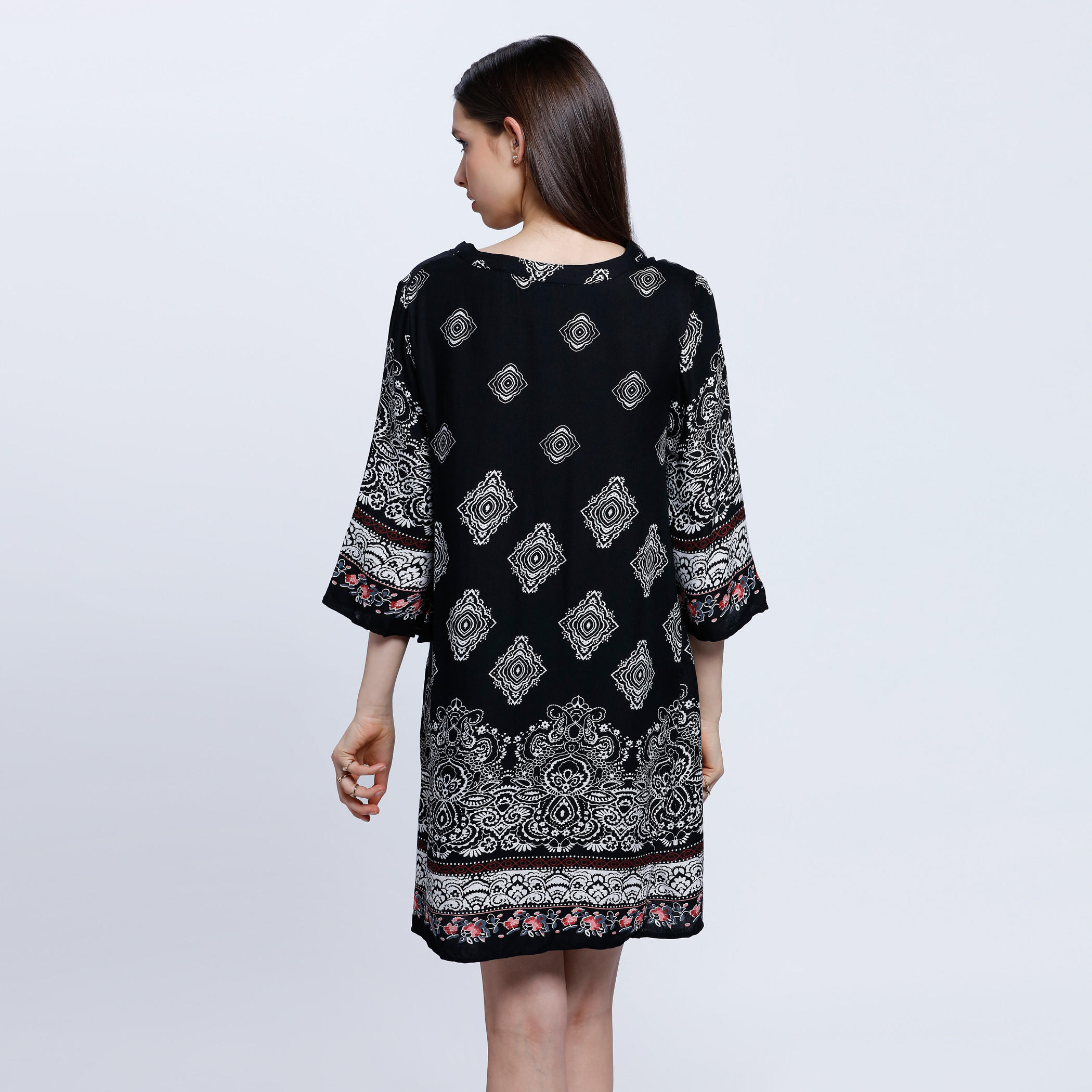 Printed Top with 3/4 Sleeves and Drawstring Detail-women-clothing-shirtsandblouses-blouses-image-2