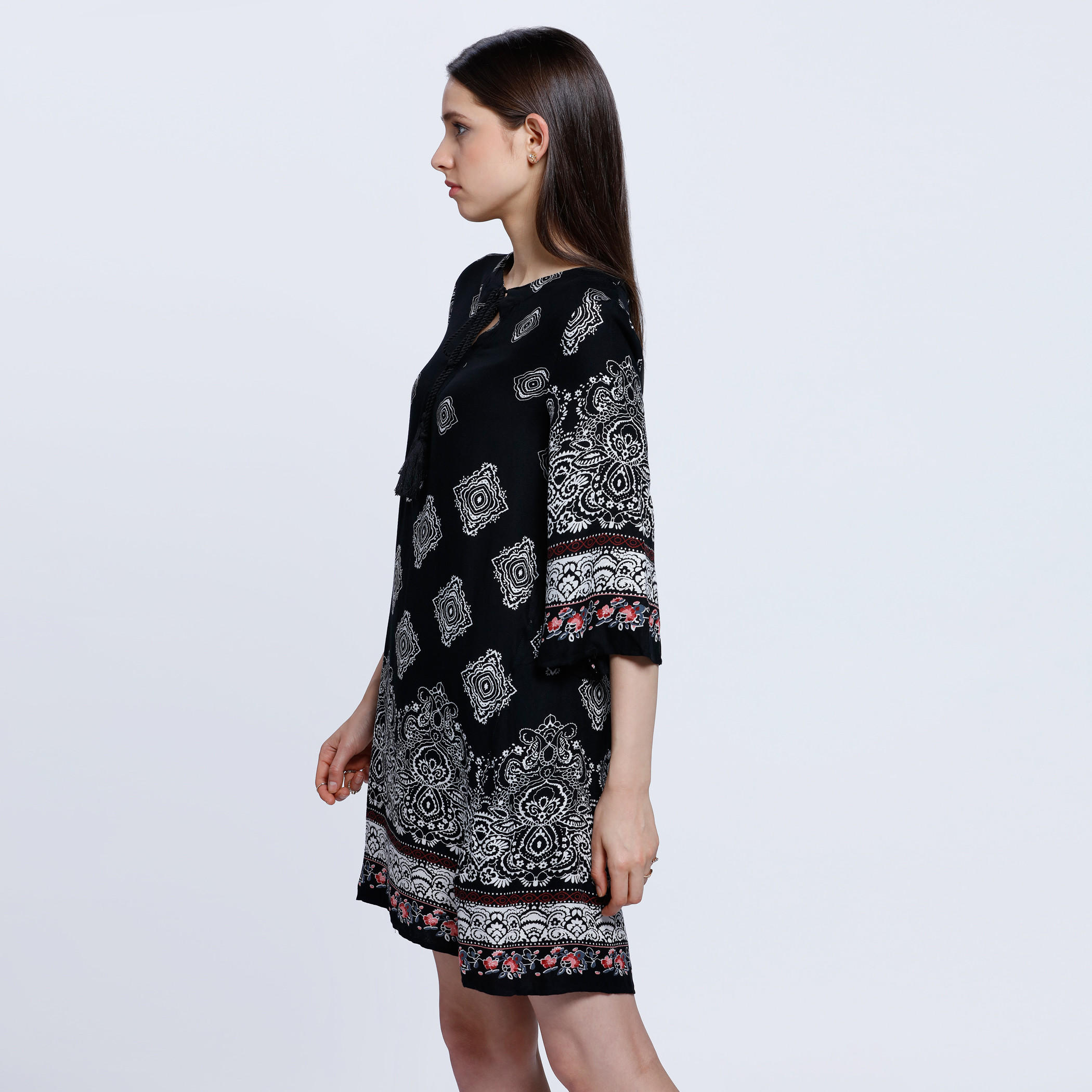 Printed Top with 3/4 Sleeves and Drawstring Detail-women-clothing-shirtsandblouses-blouses-image-3