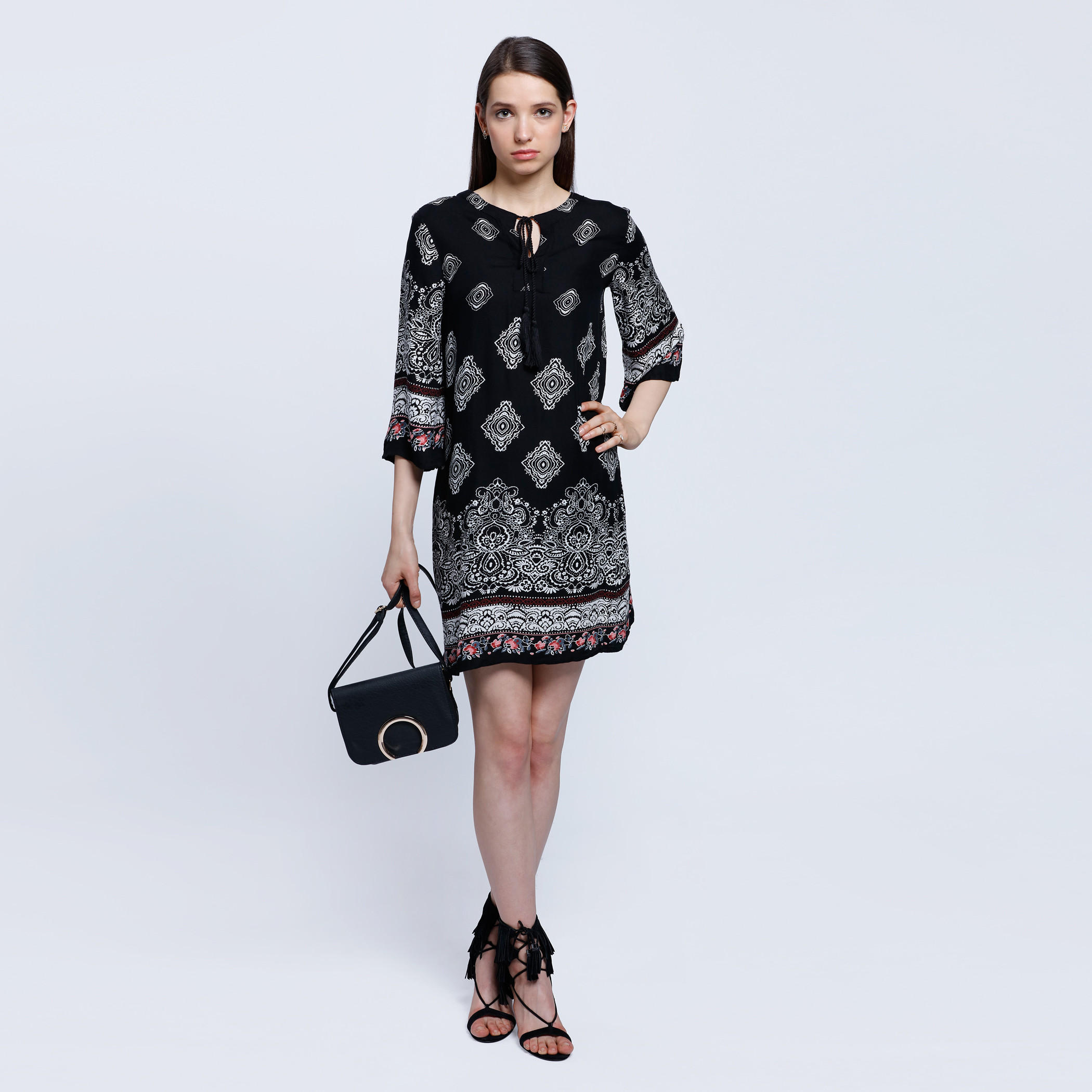 Printed Top with 3/4 Sleeves and Drawstring Detail-women-clothing-shirtsandblouses-blouses-image-5