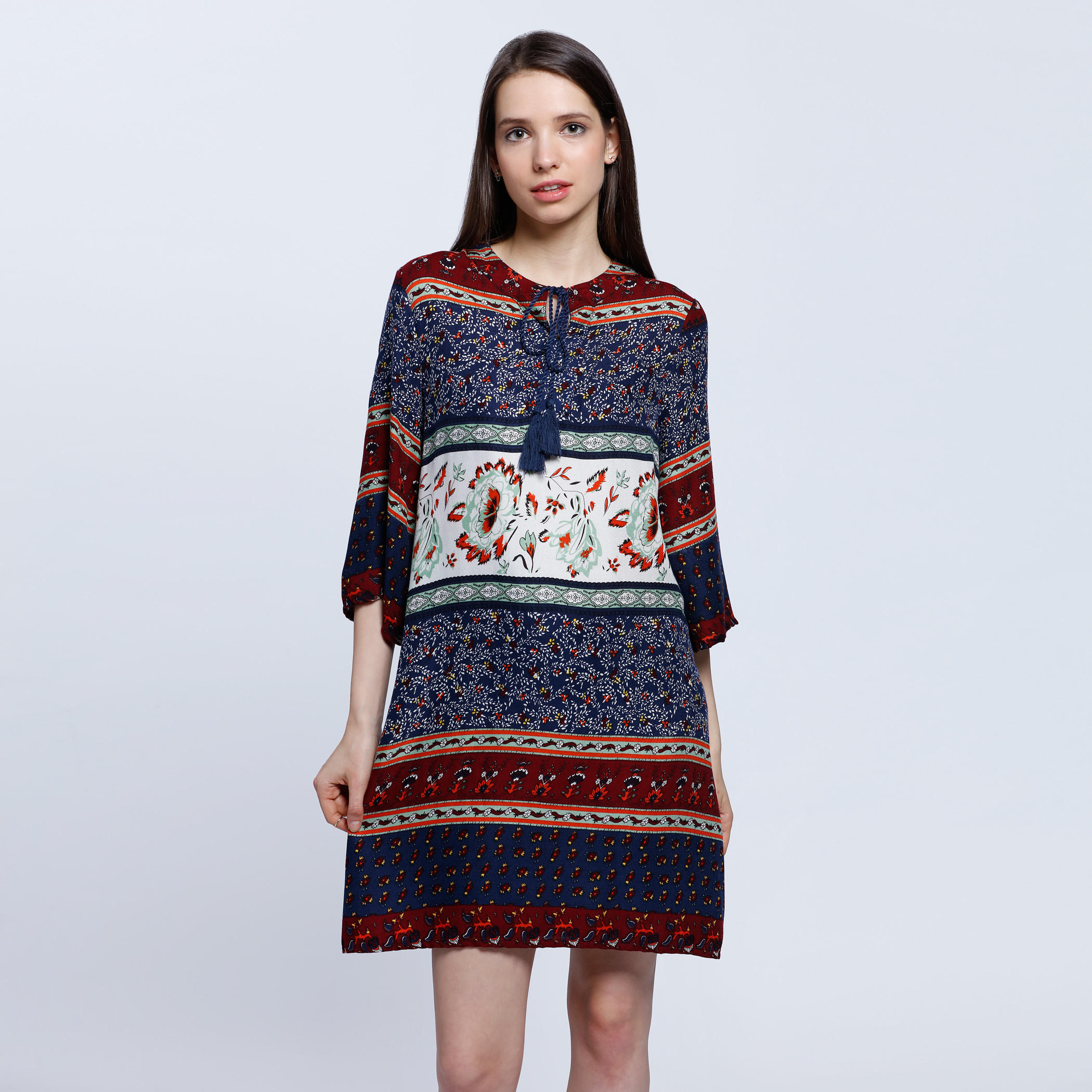 Printed Top with 3/4 Sleeves and Drawstring Detail-women-clothing-shirtsandblouses-blouses-image-1
