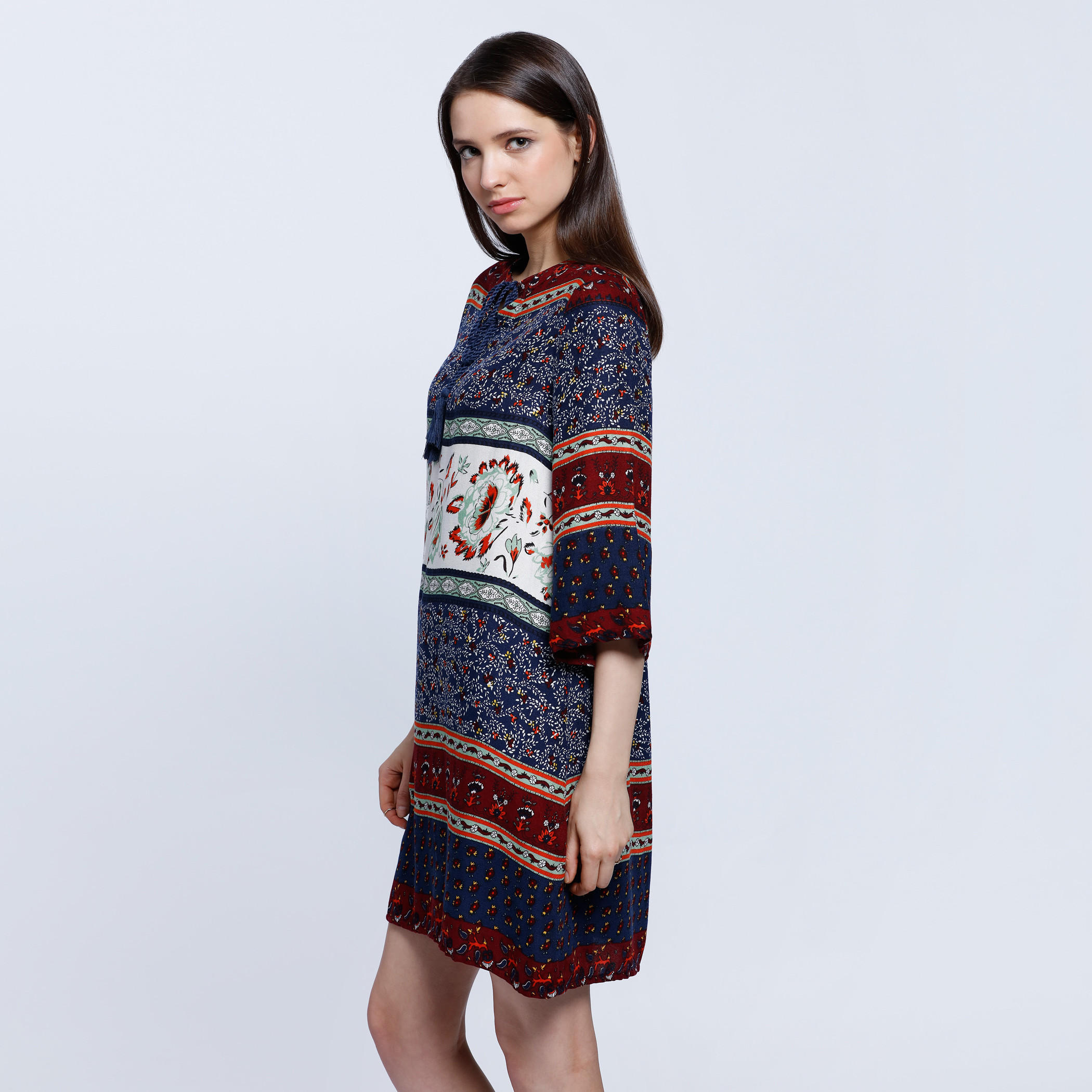 Printed Top with 3/4 Sleeves and Drawstring Detail-women-clothing-shirtsandblouses-blouses-image-3