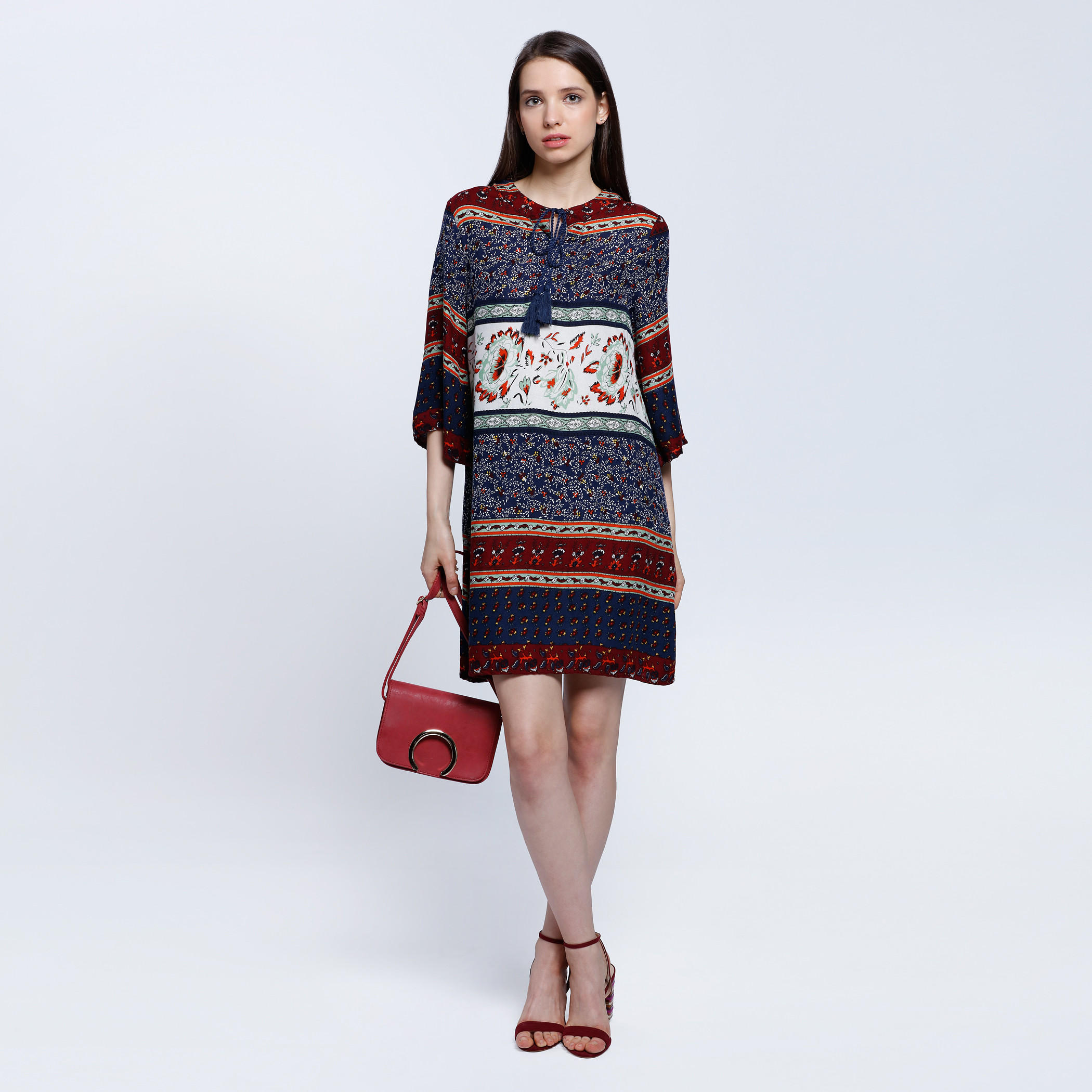 Printed Top with 3/4 Sleeves and Drawstring Detail-women-clothing-shirtsandblouses-blouses-image-5