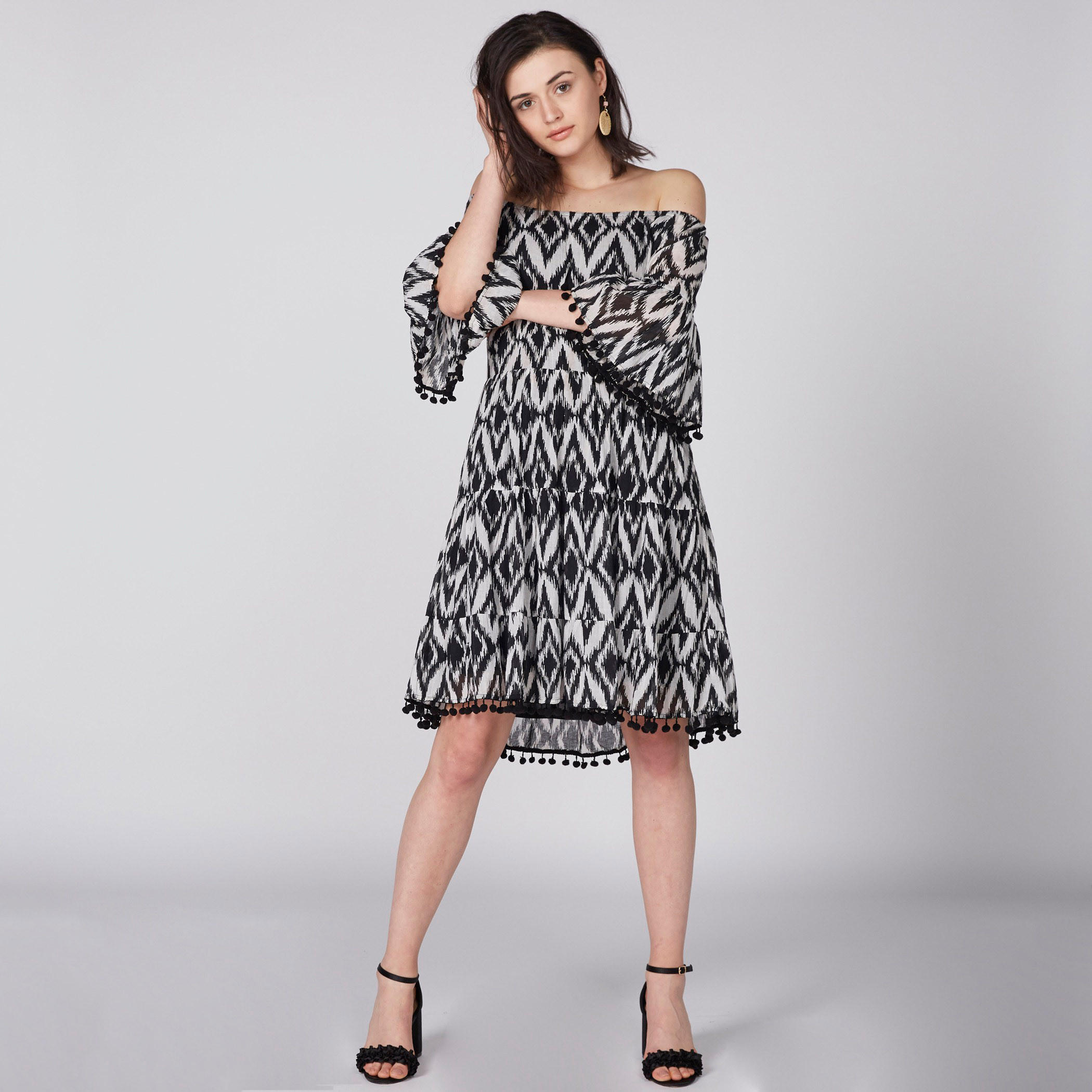 Printed Off Shoulder Midi Dress with Pom-Pom Detail-women-clothing-dresses-image-3