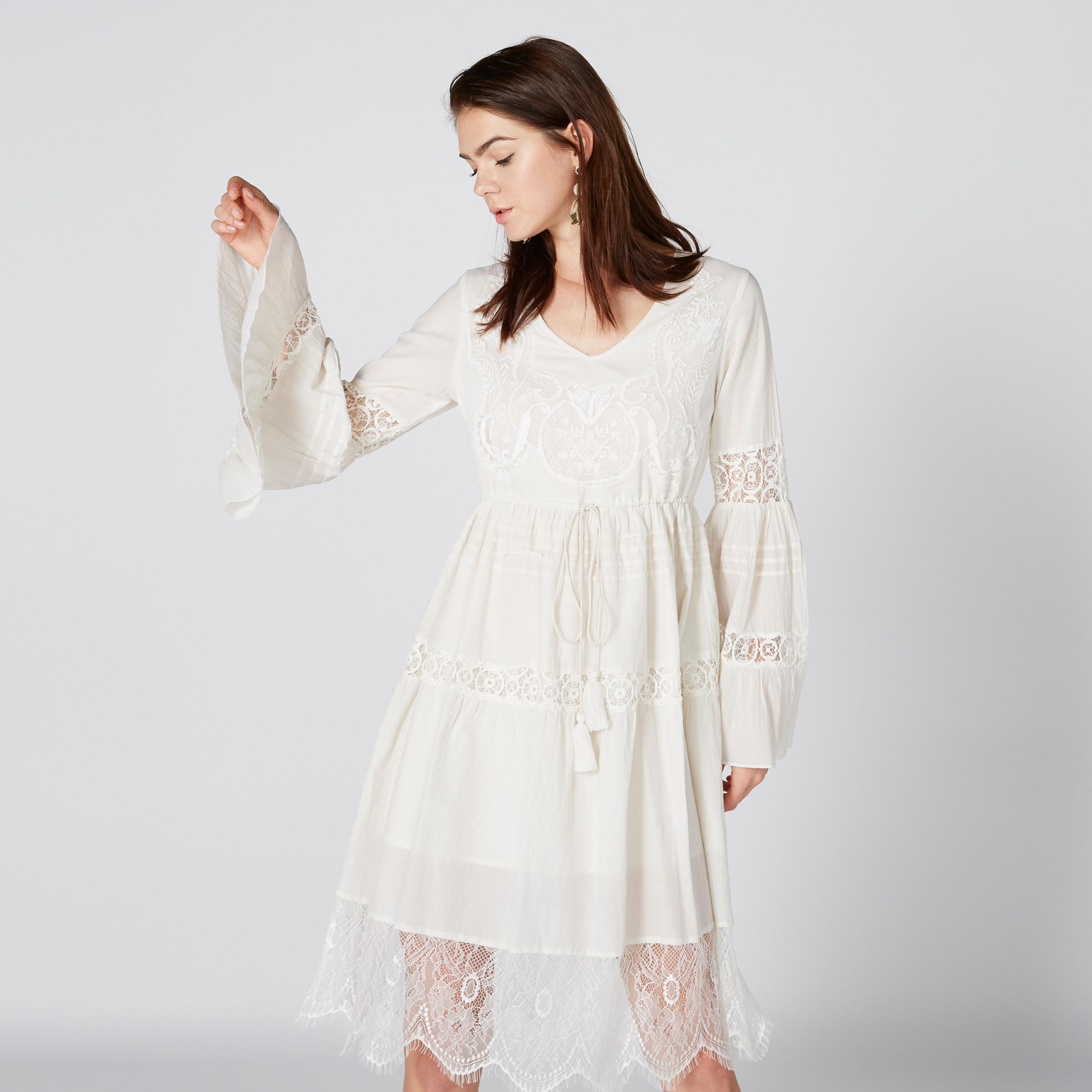 فستان متوسط الطول بياقة V وأكمام عريضة وتفاصيل دانتيل-women-clothing-dresses-image-2