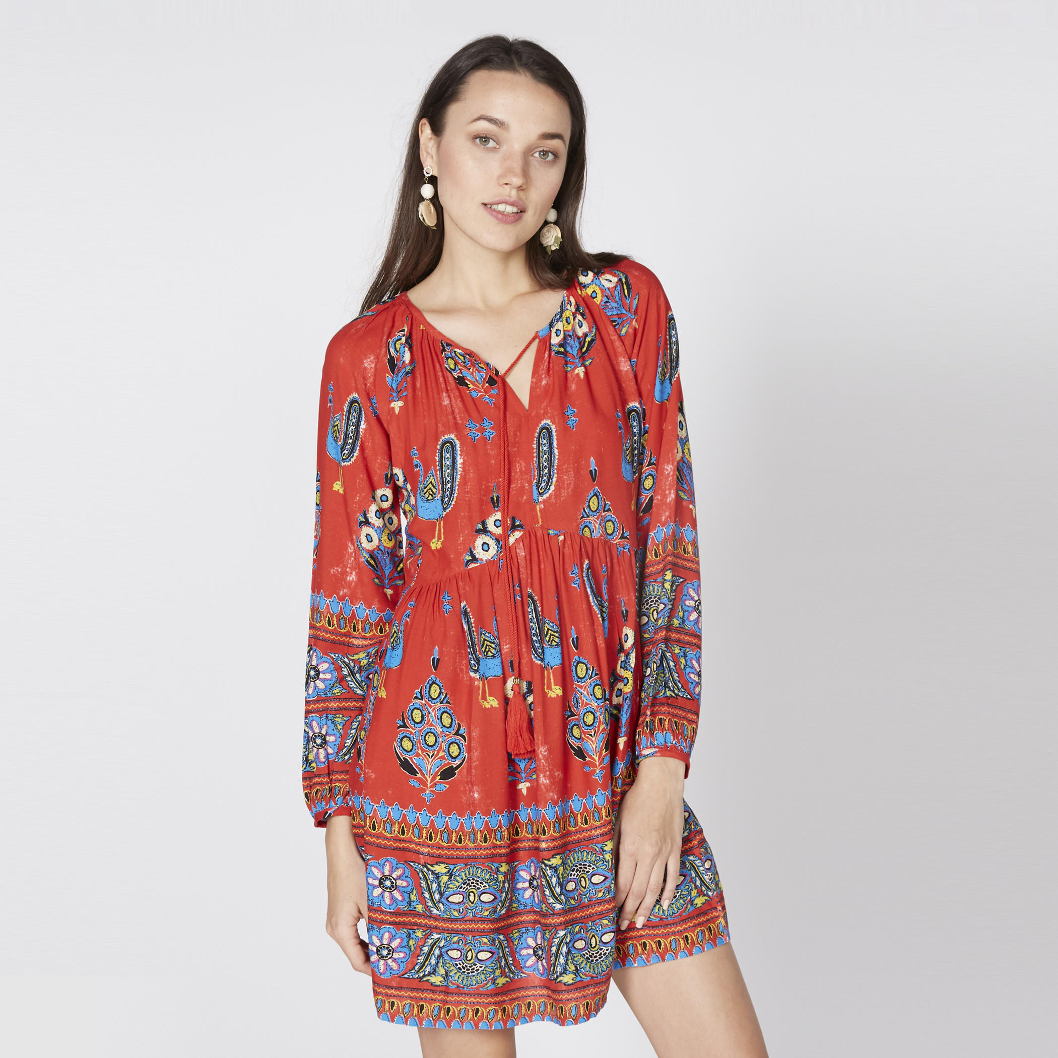 فستان ميني بطبعات وأكمام طويلة ورباط-women-clothing-dresses-image-1