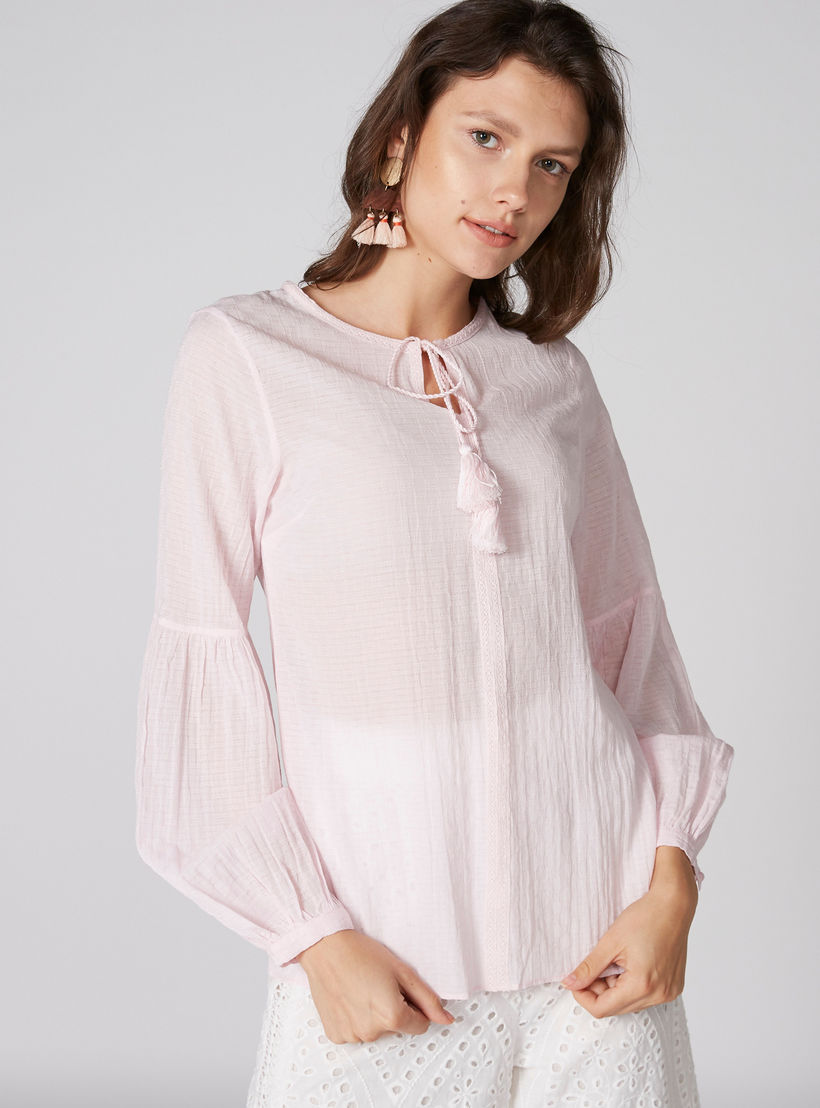بلوزة بارزة الملمس بأكمام طويلة وأربطة-women-clothing-shirtsandblouses-blouses-image-1