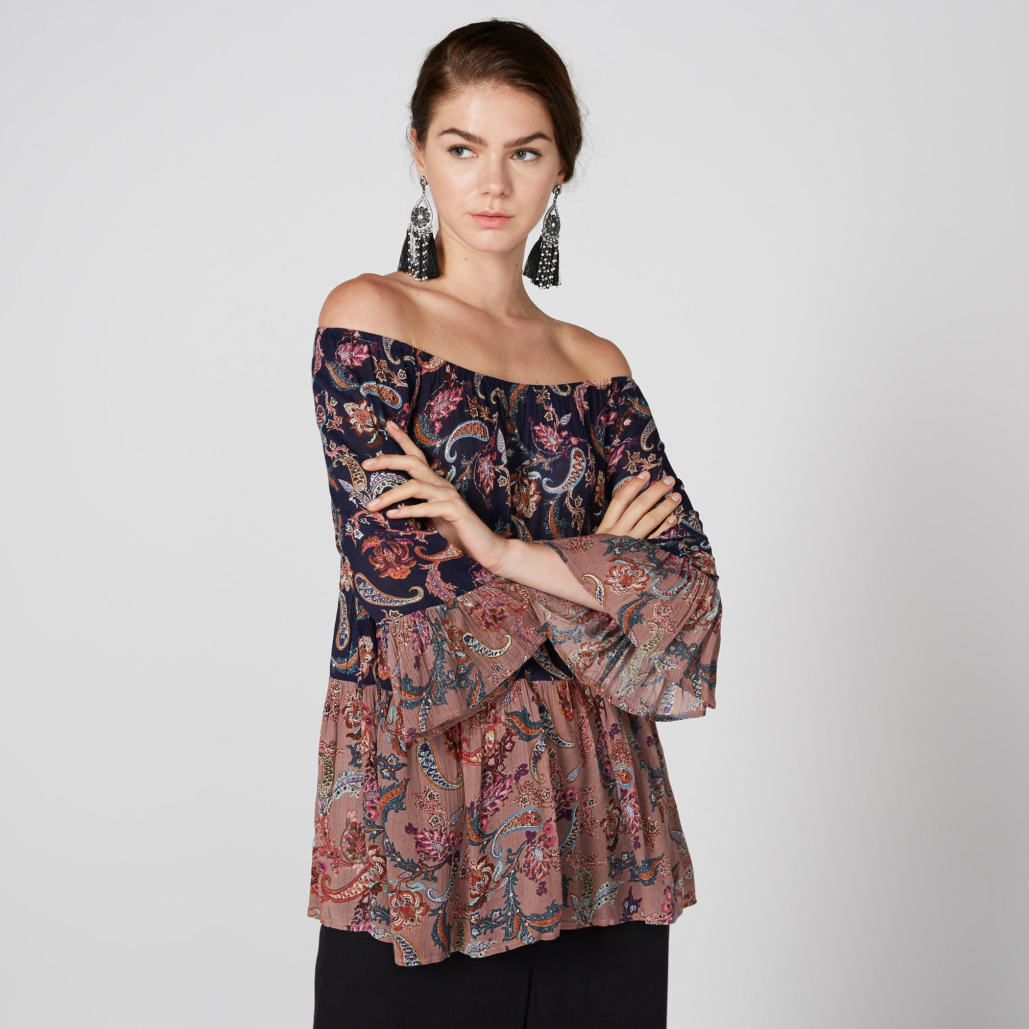 Printed Off Shoulder Top with Flared Sleeves-women-clothing-shirtsandblouses-blouses-image-1