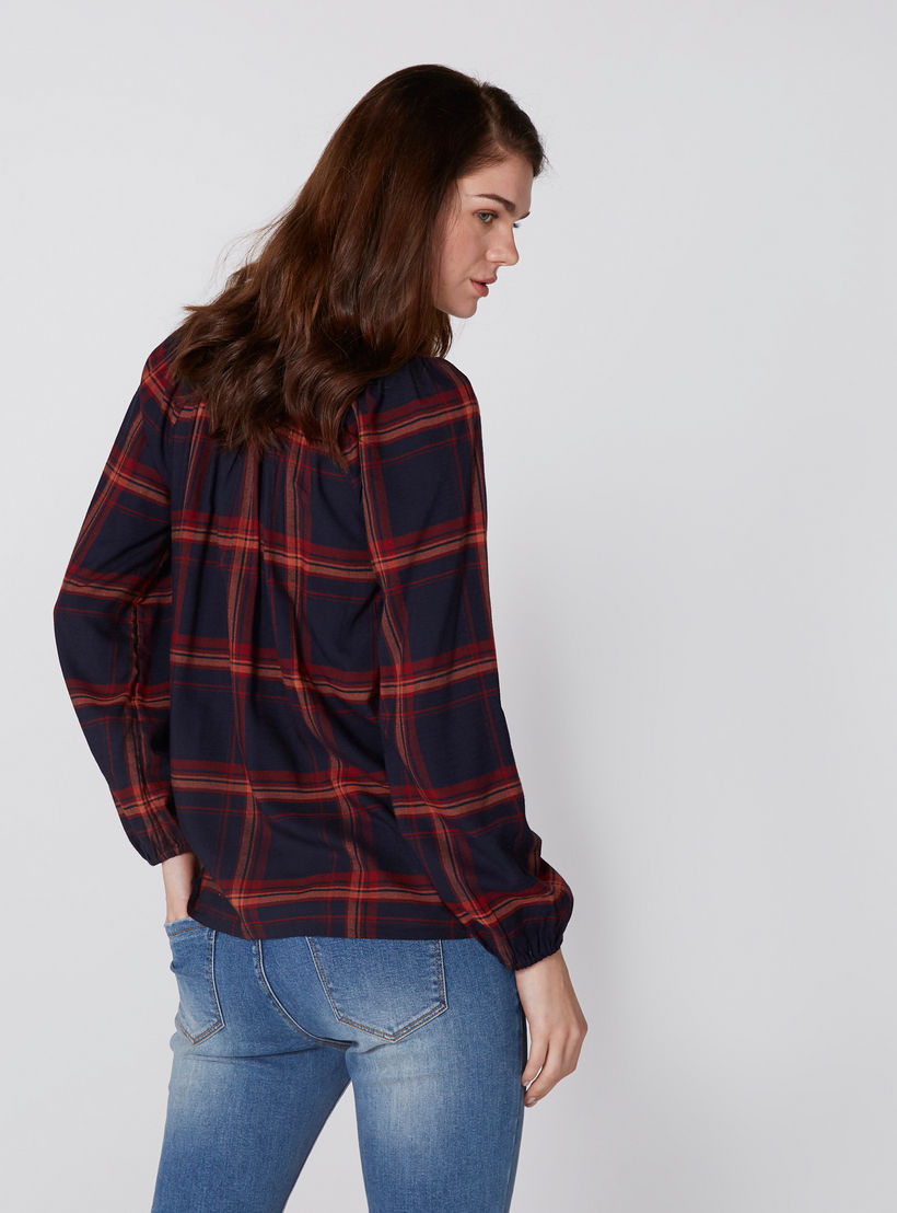 بلوزة كاروهات بياقة مستديرة وأكمام طويلة-women-clothing-shirtsandblouses-blouses-image-3