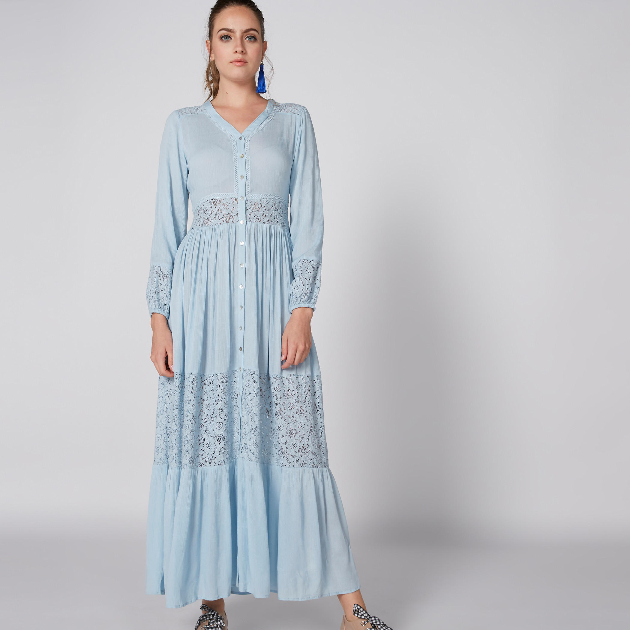 Lace Detail Maxi Dress with V-Neck and Long Sleeves-women-clothing-dresses-image-1