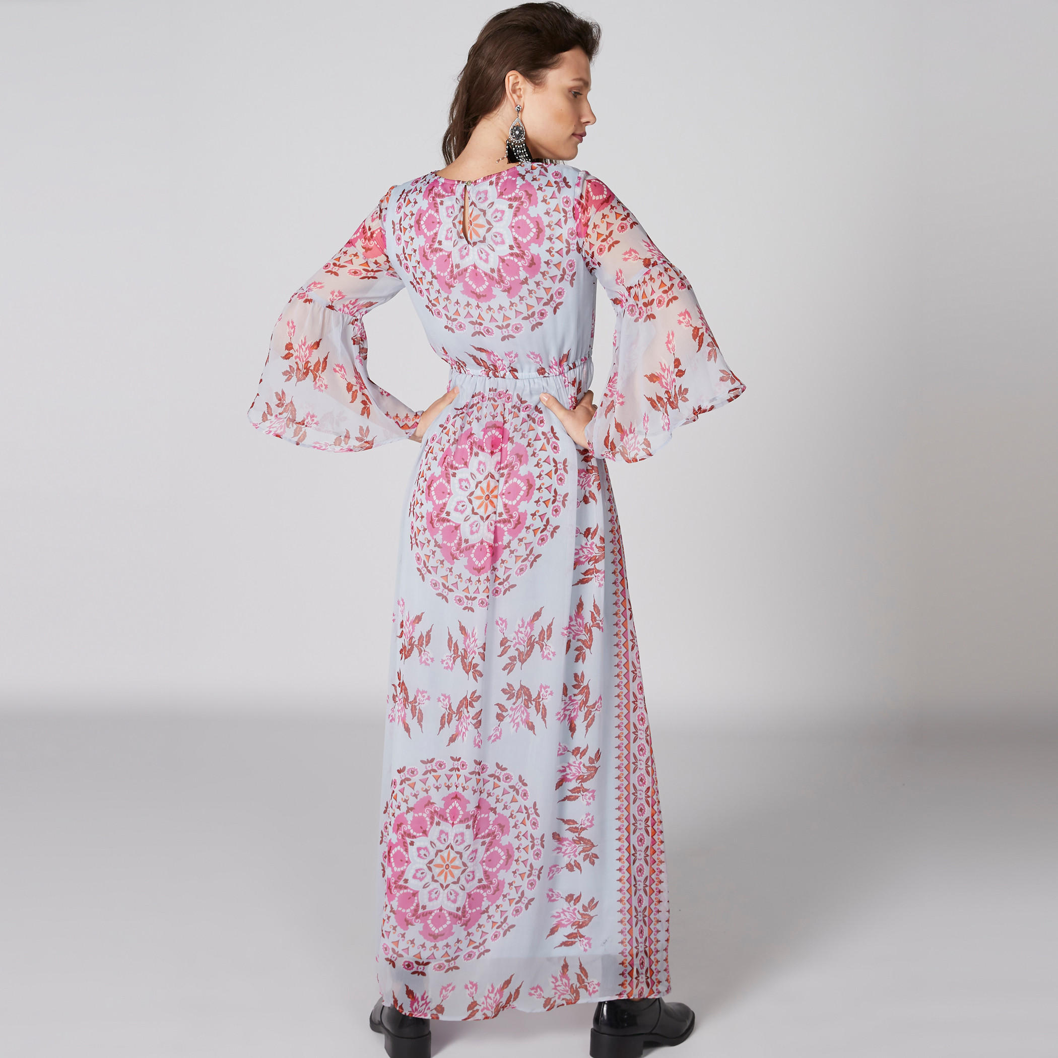 فستان ماكسي بطبعات وياقة مستديرة وأكمام 3/4-women-clothing-dresses-image-2