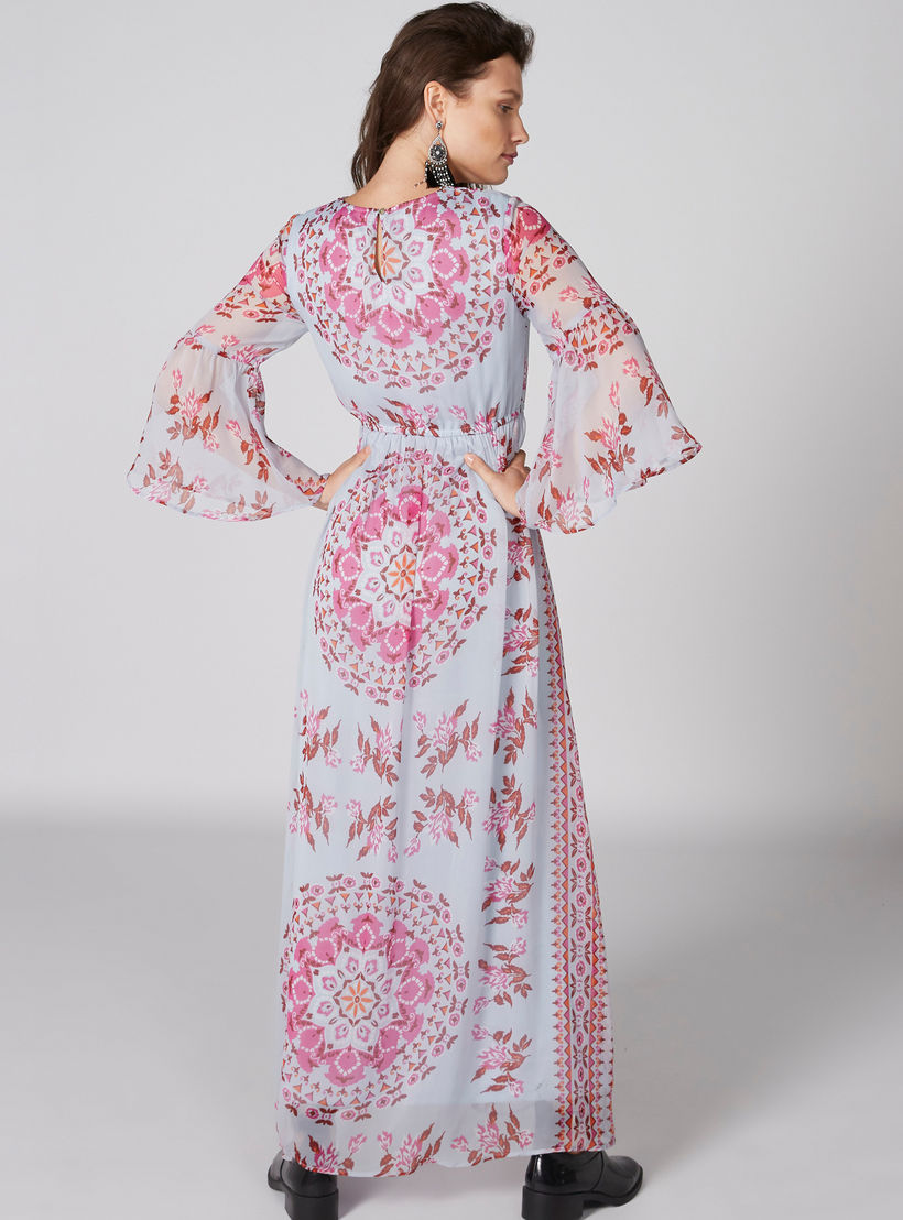 فستان ماكسي بطبعات وياقة مستديرة وأكمام 3/4-women-clothing-dresses-image-2