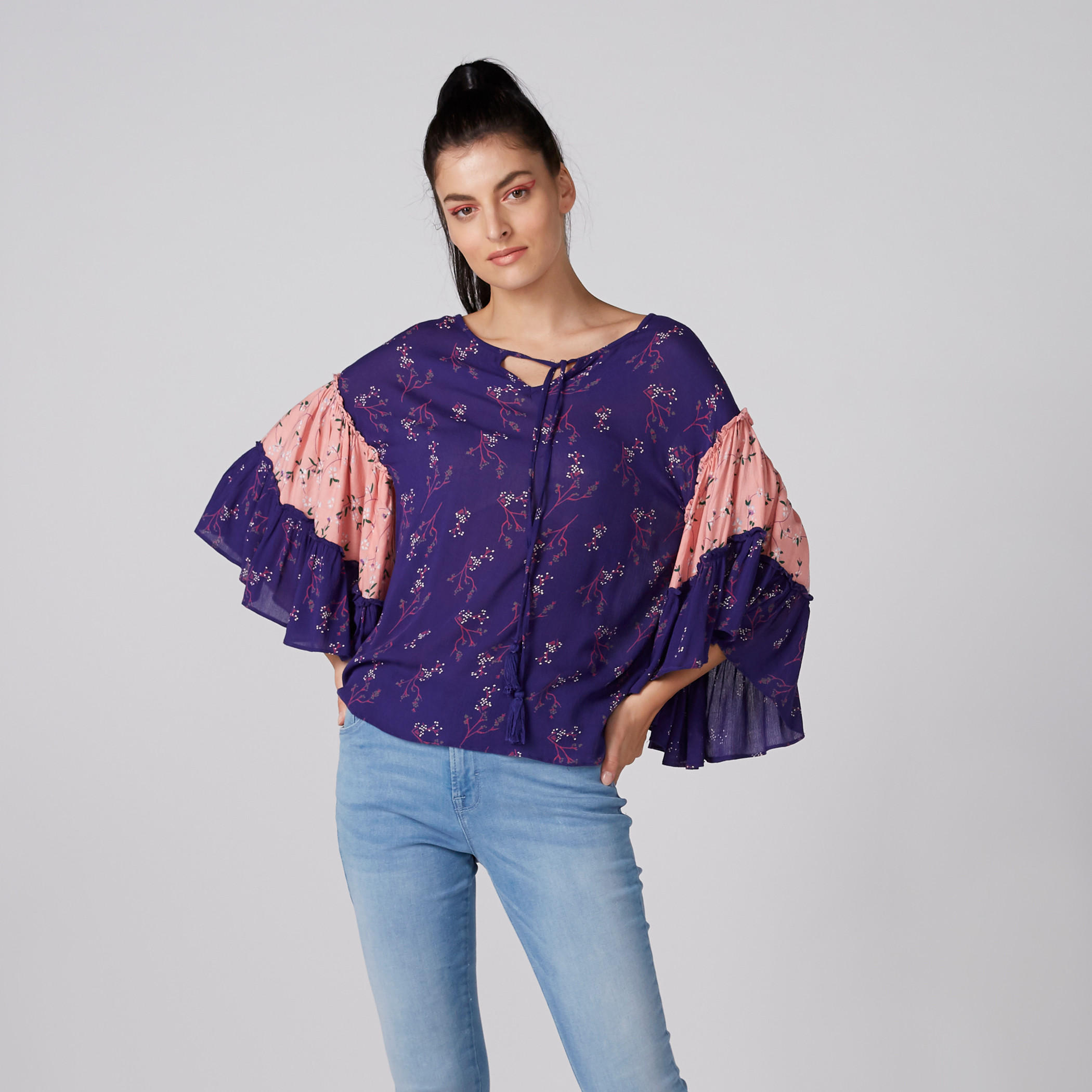 Printed Top with V-Neck and Flared Sleeves-women-clothing-shirtsandblouses-blouses-image-1