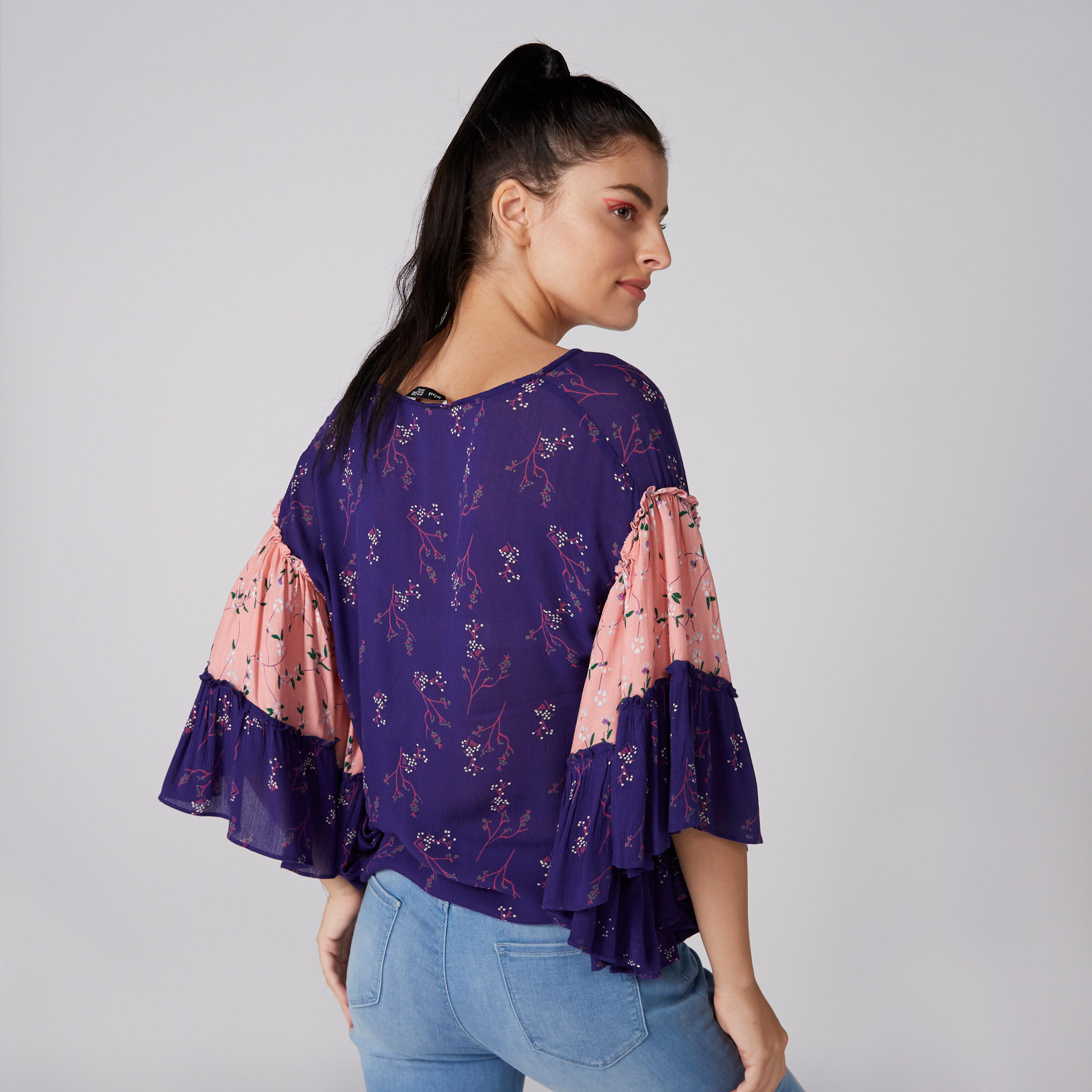 Printed Top with V-Neck and Flared Sleeves-women-clothing-shirtsandblouses-blouses-image-2