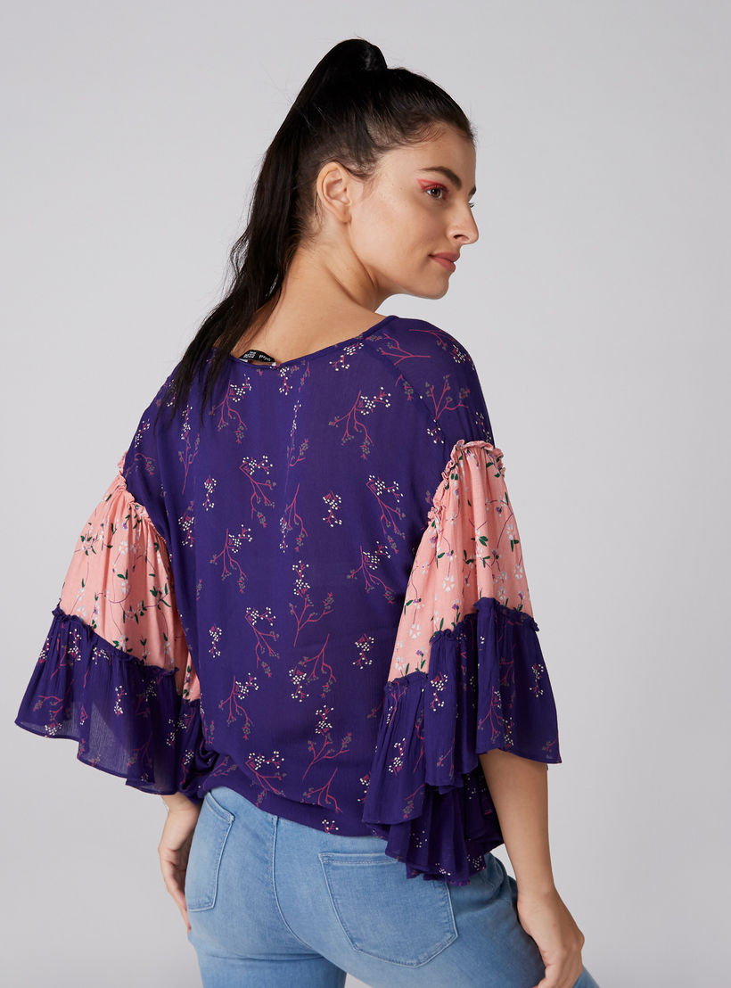 Printed Top with V-Neck and Flared Sleeves-women-clothing-shirtsandblouses-blouses-image-2