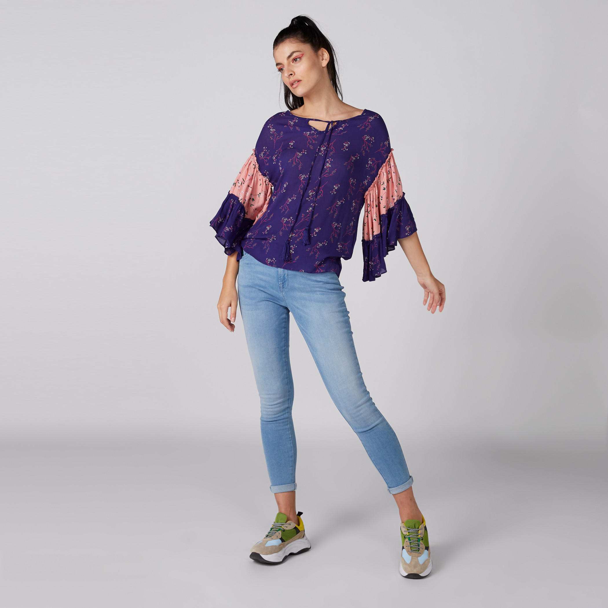 Printed Top with V-Neck and Flared Sleeves-women-clothing-shirtsandblouses-blouses-image-3