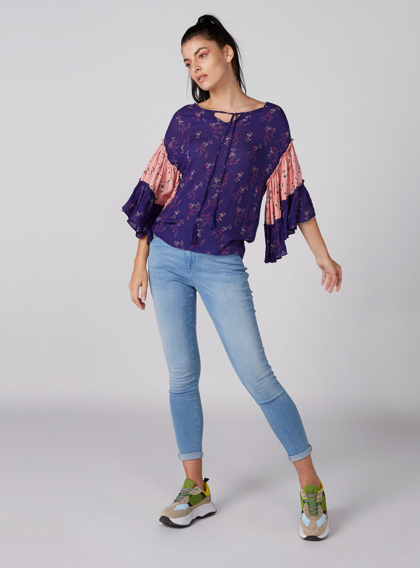 Printed Top with V-Neck and Flared Sleeves-women-clothing-shirtsandblouses-blouses-image-3