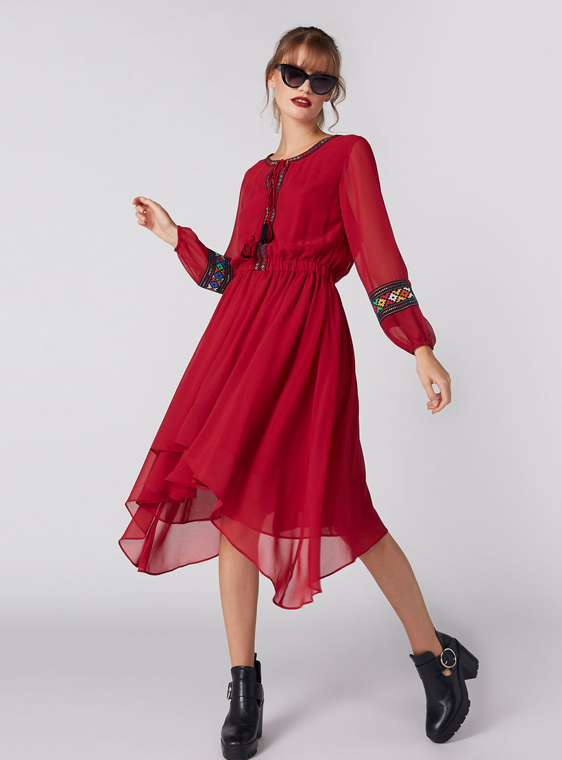 فستان ميدي مطرّز بأكمام طويلة وحواف غير مستوية-women-clothing-dresses-image-2