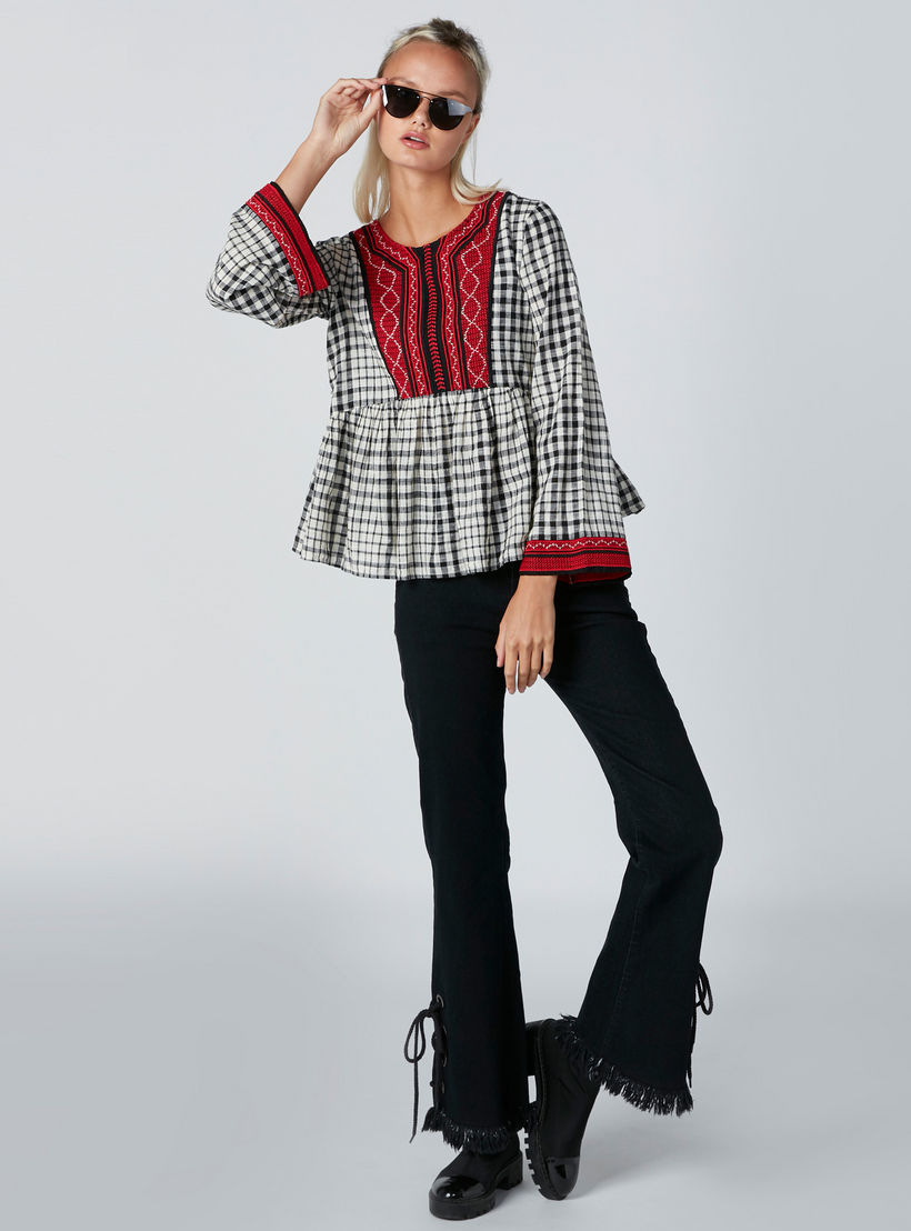 توب كاروهات بأكمام واسعة وتطريز-women-clothing-shirtsandblouses-blouses-image-4