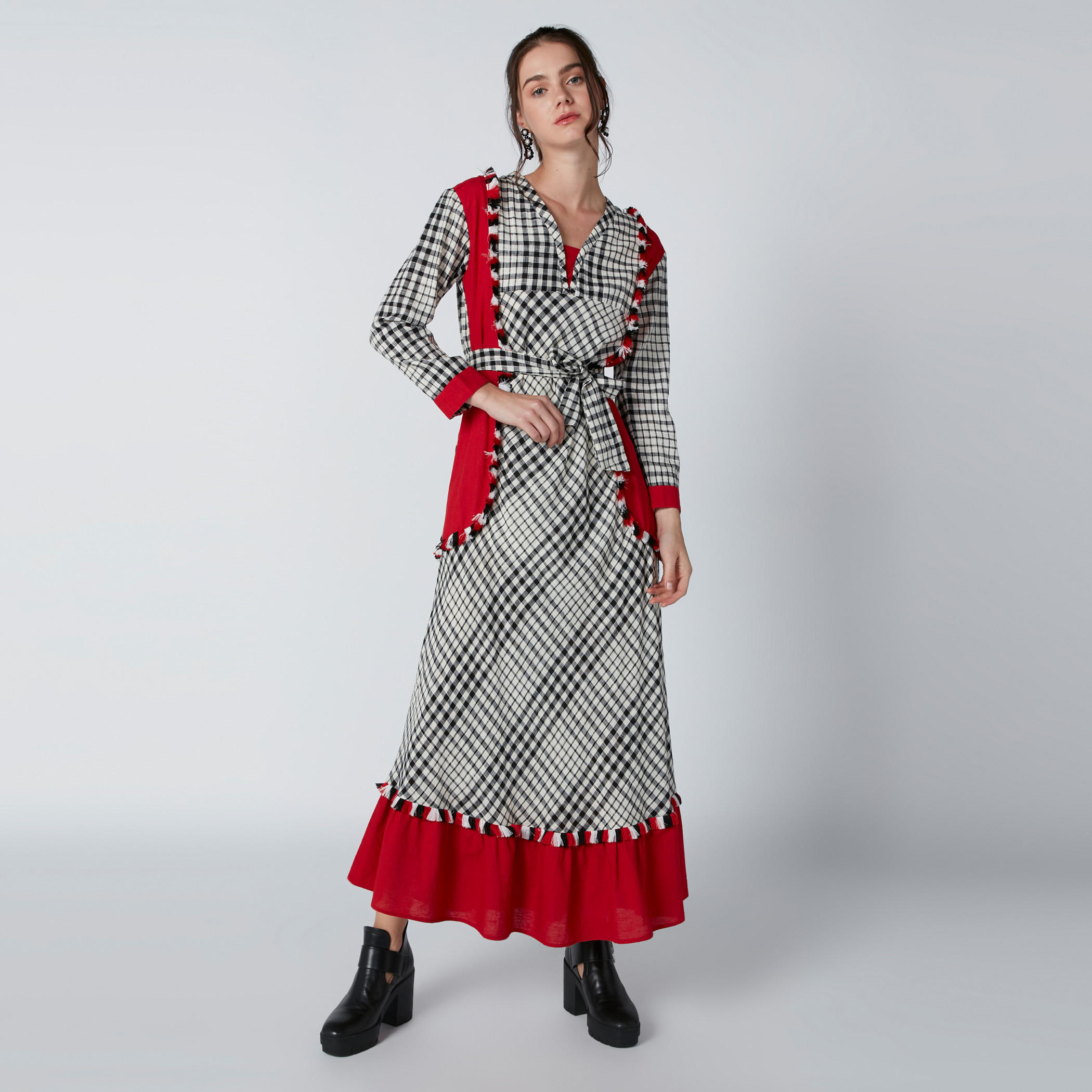 فستان ماكس آيه لاين كاروهات بشراشيب وحزام رباط-women-clothing-dresses-image-1