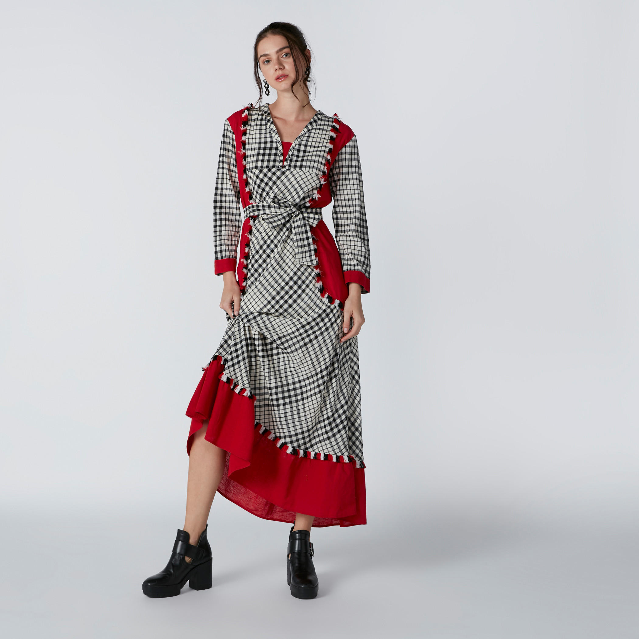 فستان ماكس آيه لاين كاروهات بشراشيب وحزام رباط-women-clothing-dresses-image-3