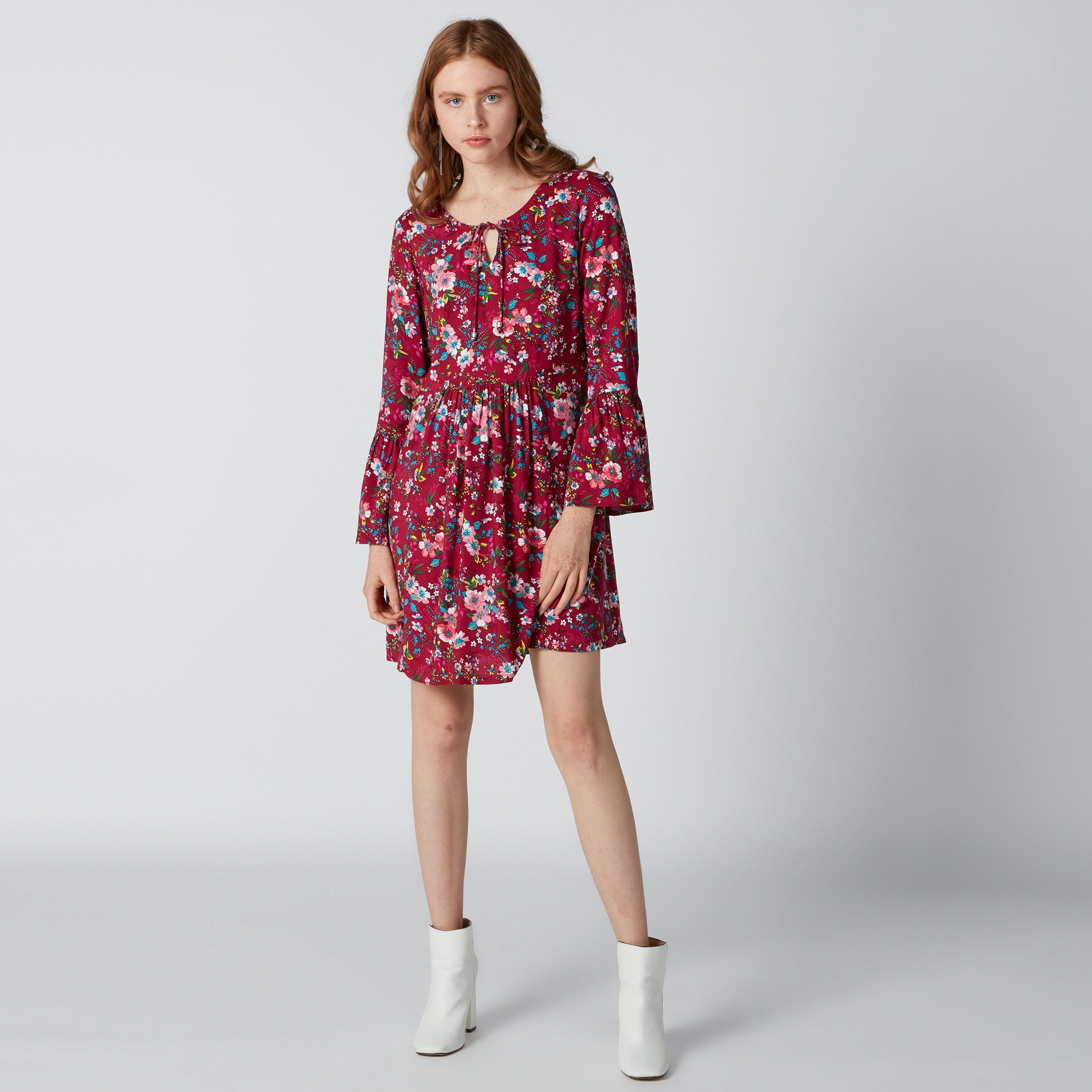 فستان قصير إيه لاين بأكمام واسعة وأربطة وطبعات زهرية-women-clothing-dresses-image-1