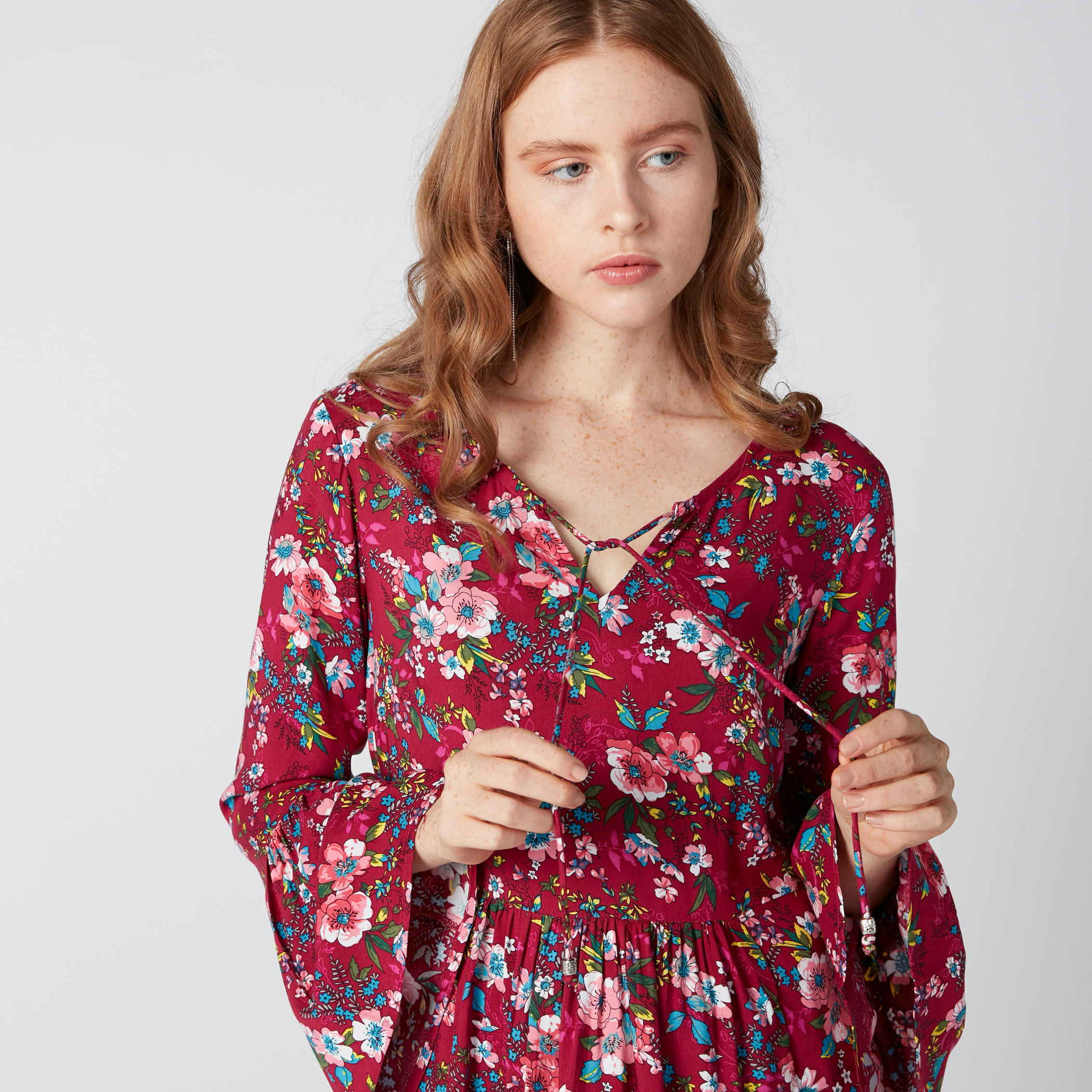 فستان قصير إيه لاين بأكمام واسعة وأربطة وطبعات زهرية-women-clothing-dresses-image-4