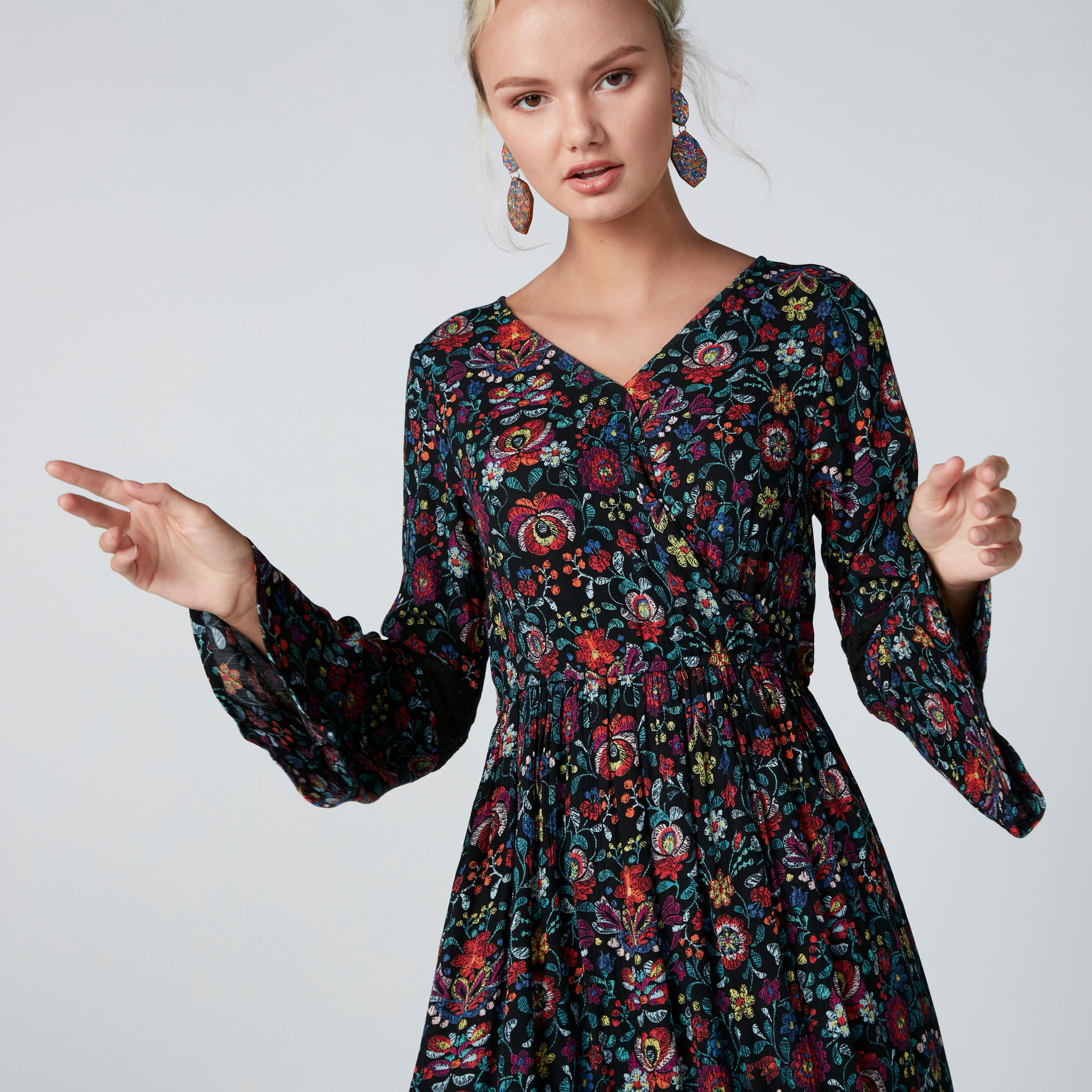 Floral Printed Maxi Dress with Lace Detail and Flared Sleeves-women-clothing-dresses-image-1