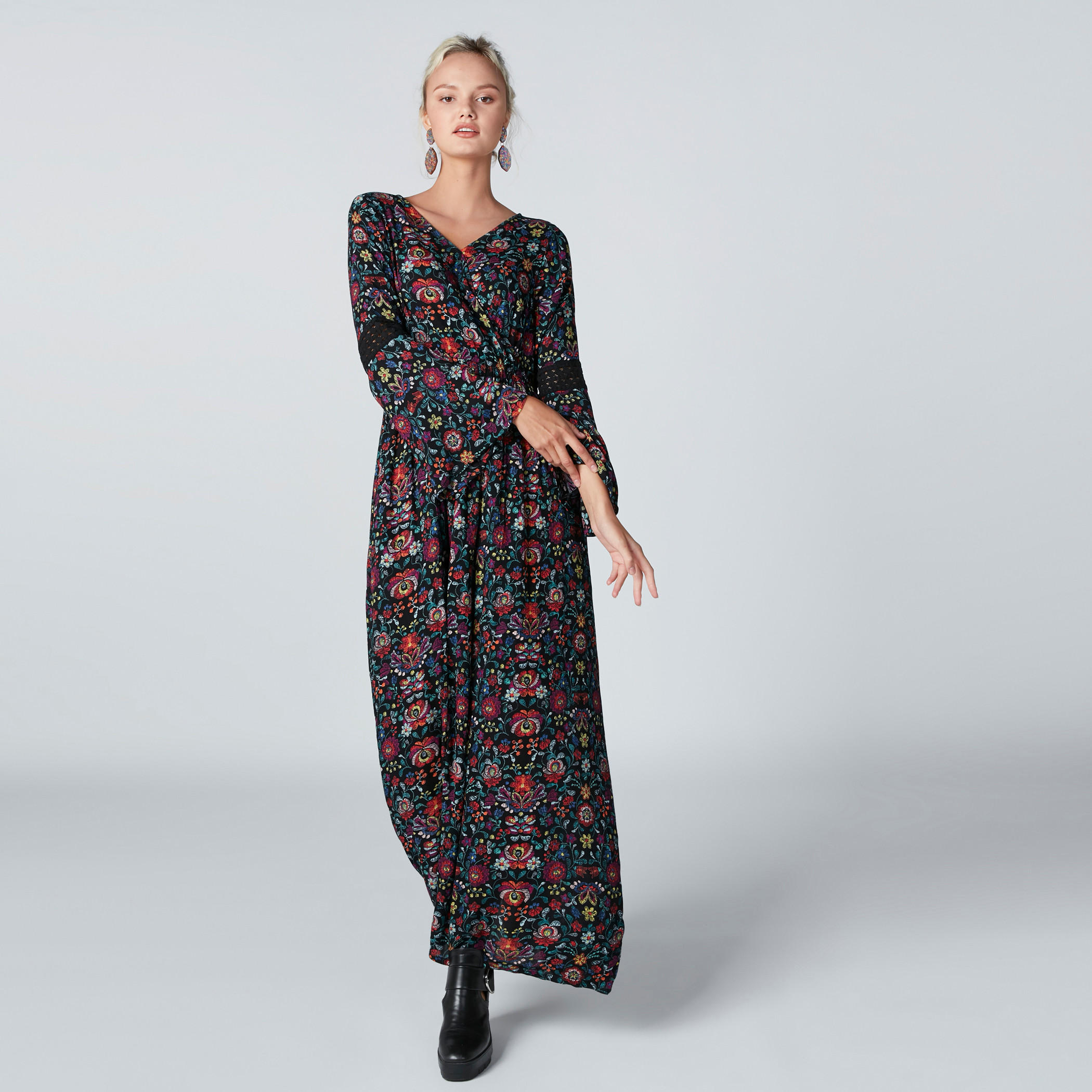 Floral Printed Maxi Dress with Lace Detail and Flared Sleeves-women-clothing-dresses-image-3