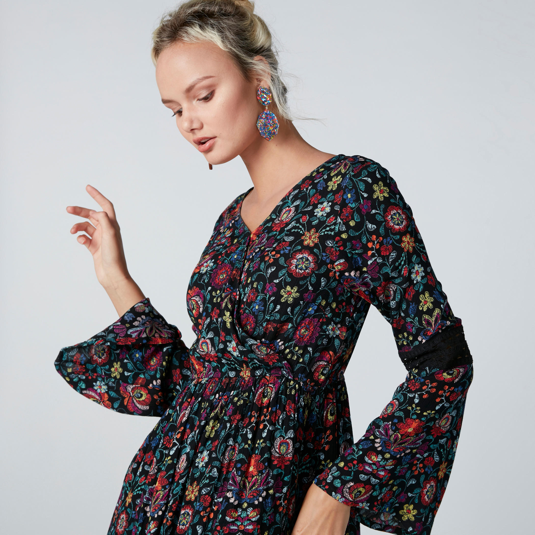 Floral Printed Maxi Dress with Lace Detail and Flared Sleeves-women-clothing-dresses-image-5