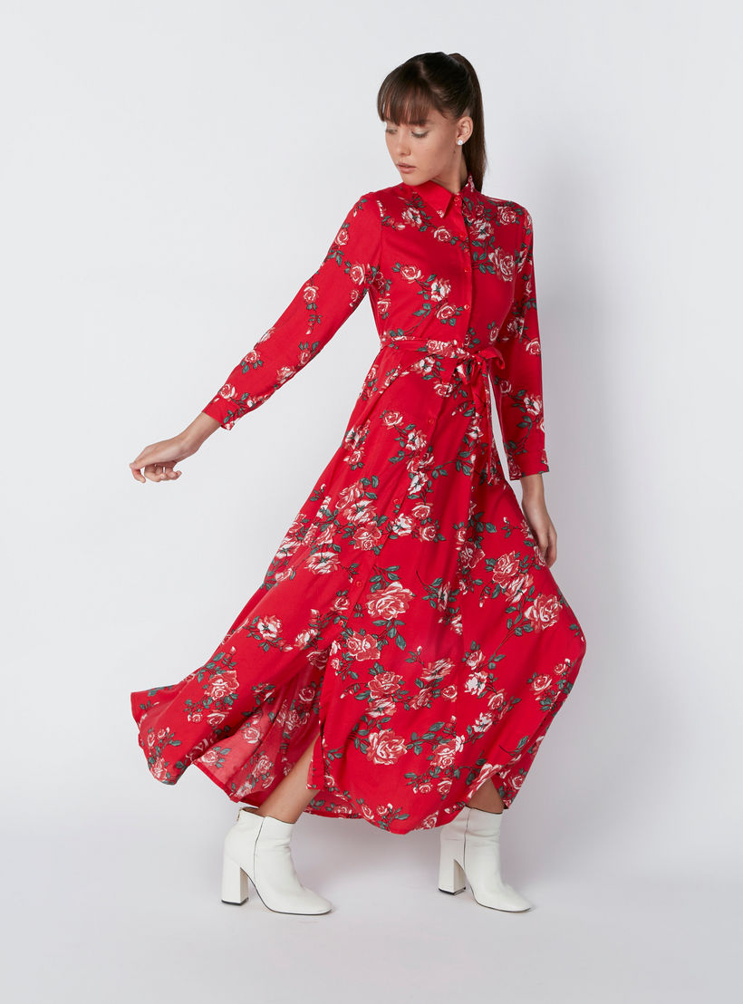 فستان إيه لاين بأكمام طويلة وأربطة وطبعات زهرية-women-clothing-dresses-image-1
