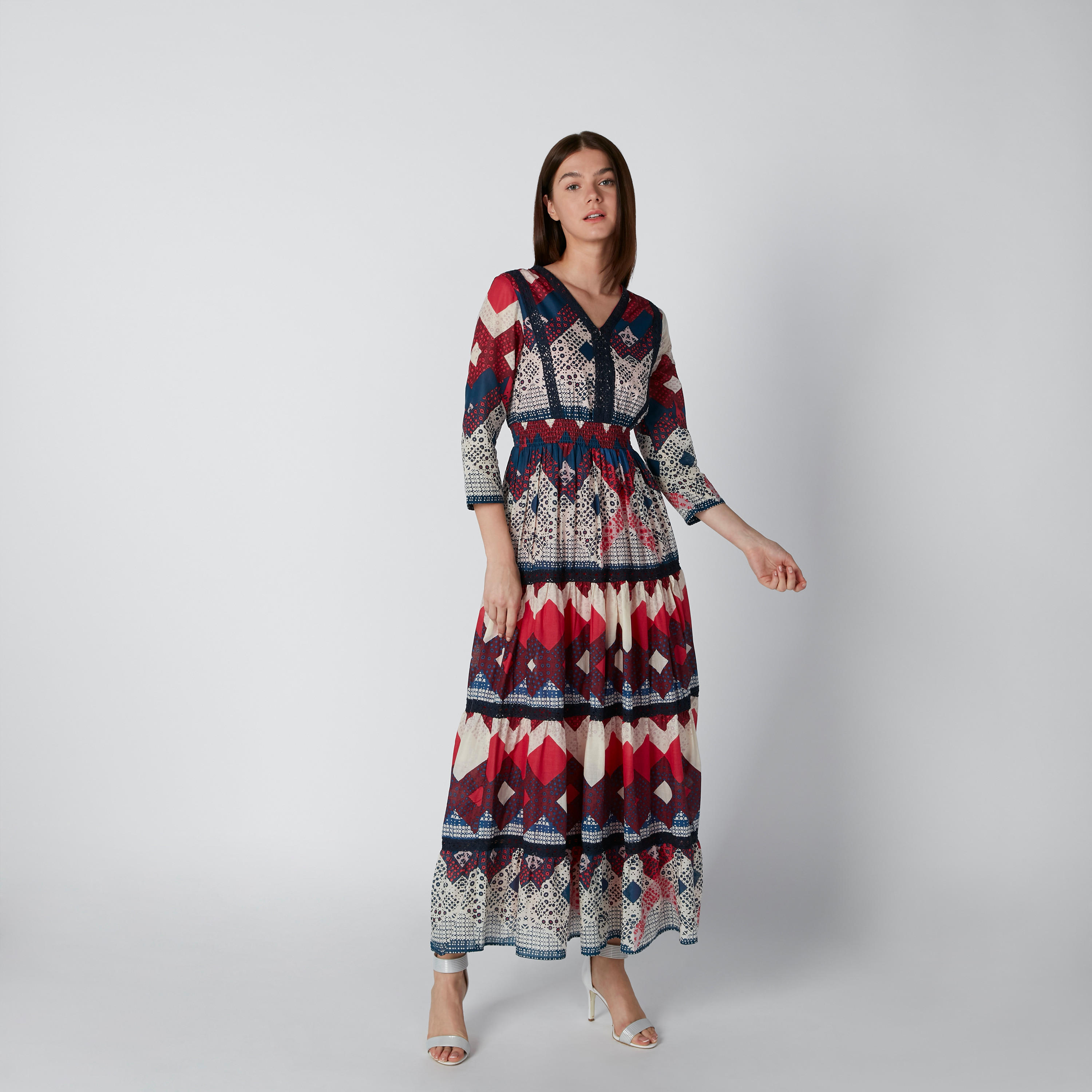 فستان طويل إيه لاين بياقة V وأكمام 3/4 وطبعات-women-clothing-dresses-image-1